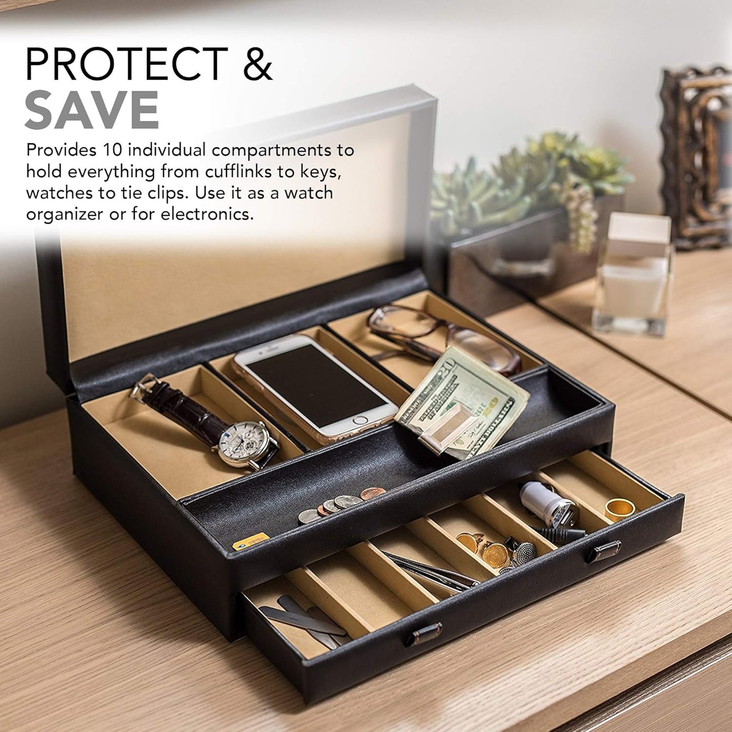 Stock Your Home Mens Valet Tray, Men's Jewelry Box, Night Stand Organizers and Storage, Bedside Table Organizer, Watch