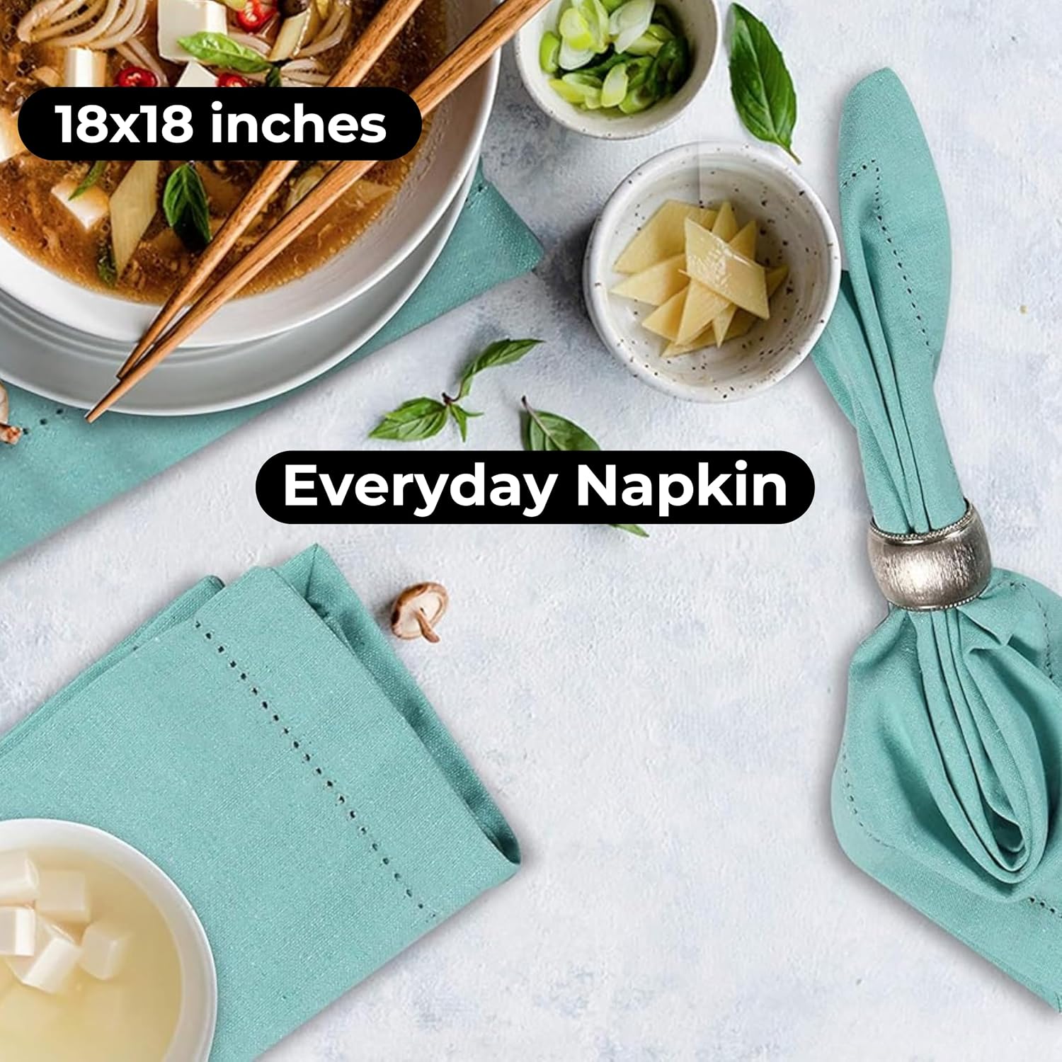 Bedding Craft Cotton Cloth Dinner Napkins Set of 12 – 18x18 Aqua with Hemstitched Mitered Corners – Reusable Machine