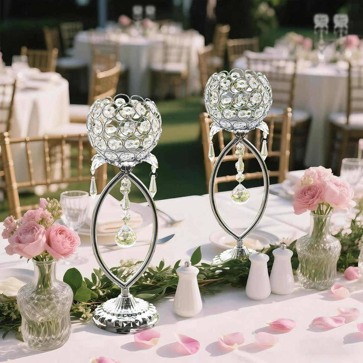 6 Pcs Silver Elegant Metal Crystal Tea Light Candle Holders with Crystal Pendants, Hollow Design - Wedding Table