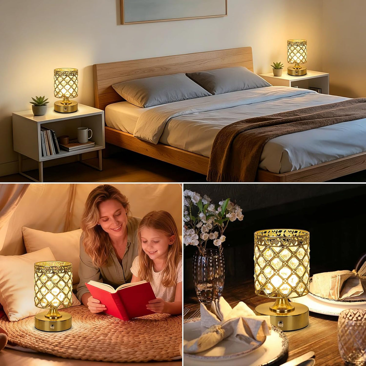 Gold Small Crystal Rechargeable Cordless Table Lamps Set of 2 | 6000mAh Battery, 3 Color Temps, Stepless Dimming, Touch