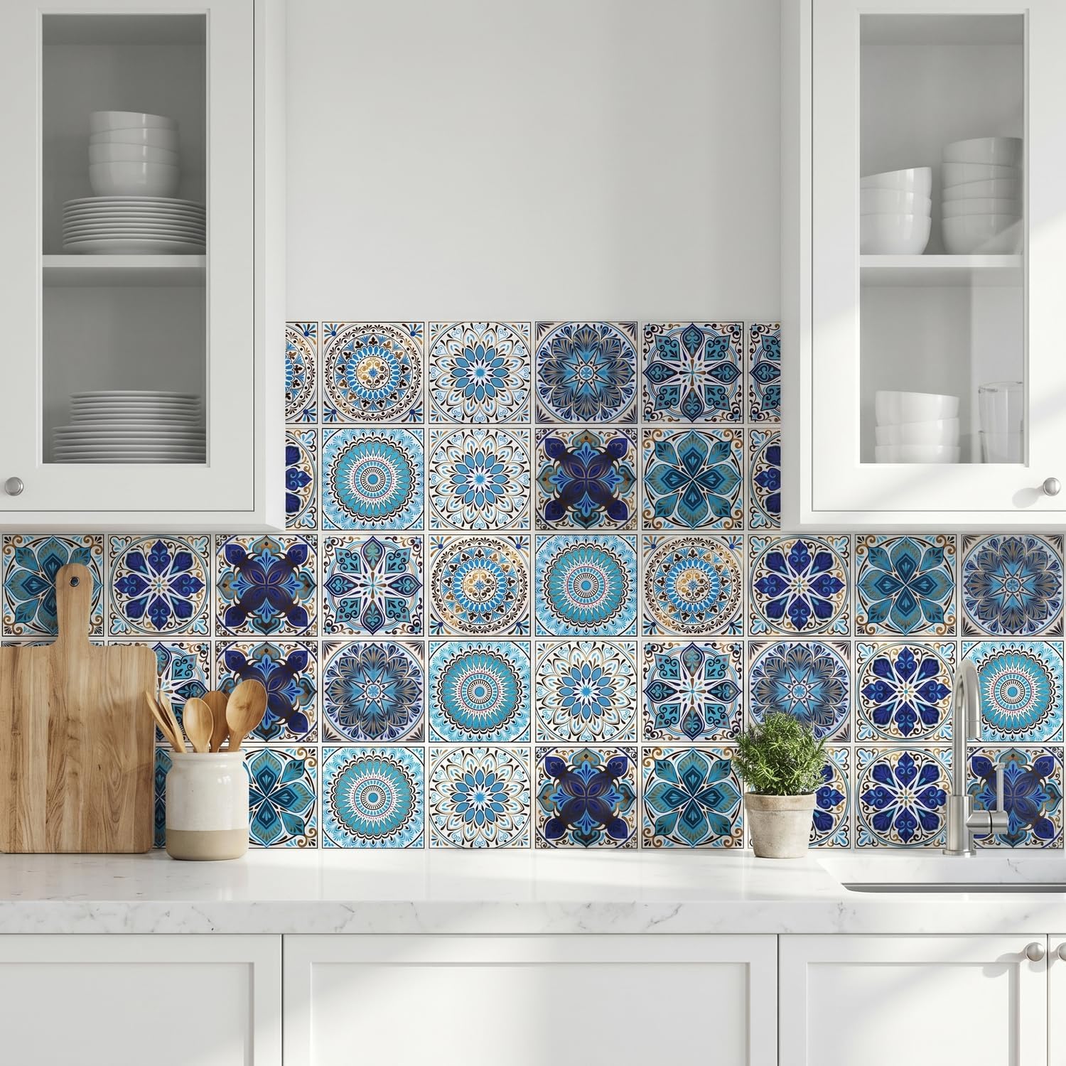 Gold Boho Mandala Peel and Stick Wall Stickers / Blue / 4 x 4 / Set of 30
