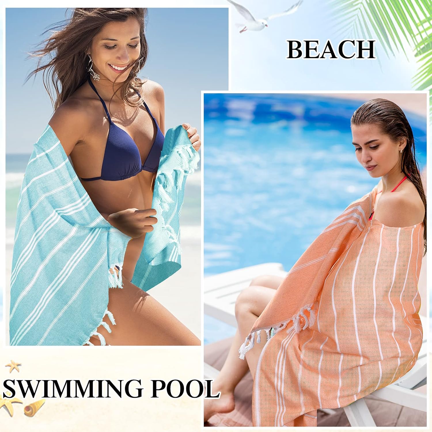 Moukeren 12 Pcs Turkish Beach Towels, Oversized Cotton Bath Towels Lightweight Quick Dry 35 x 71 Inches Turkish Blanket