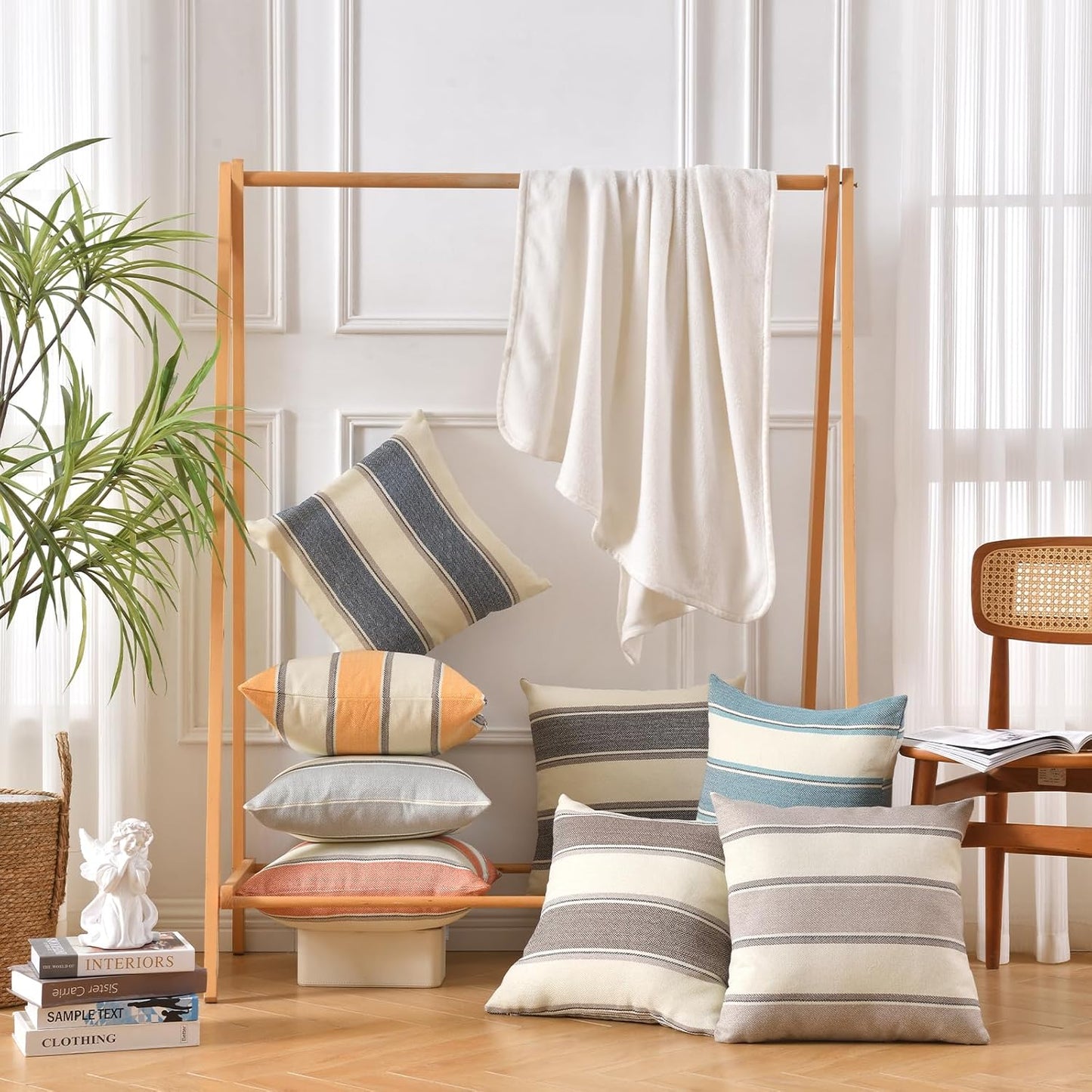 Farmhouse Linen Throw Pillow Cover Cushion Stripe Decoration Buffalo / 22 x 22 / Yellow / Set of 2