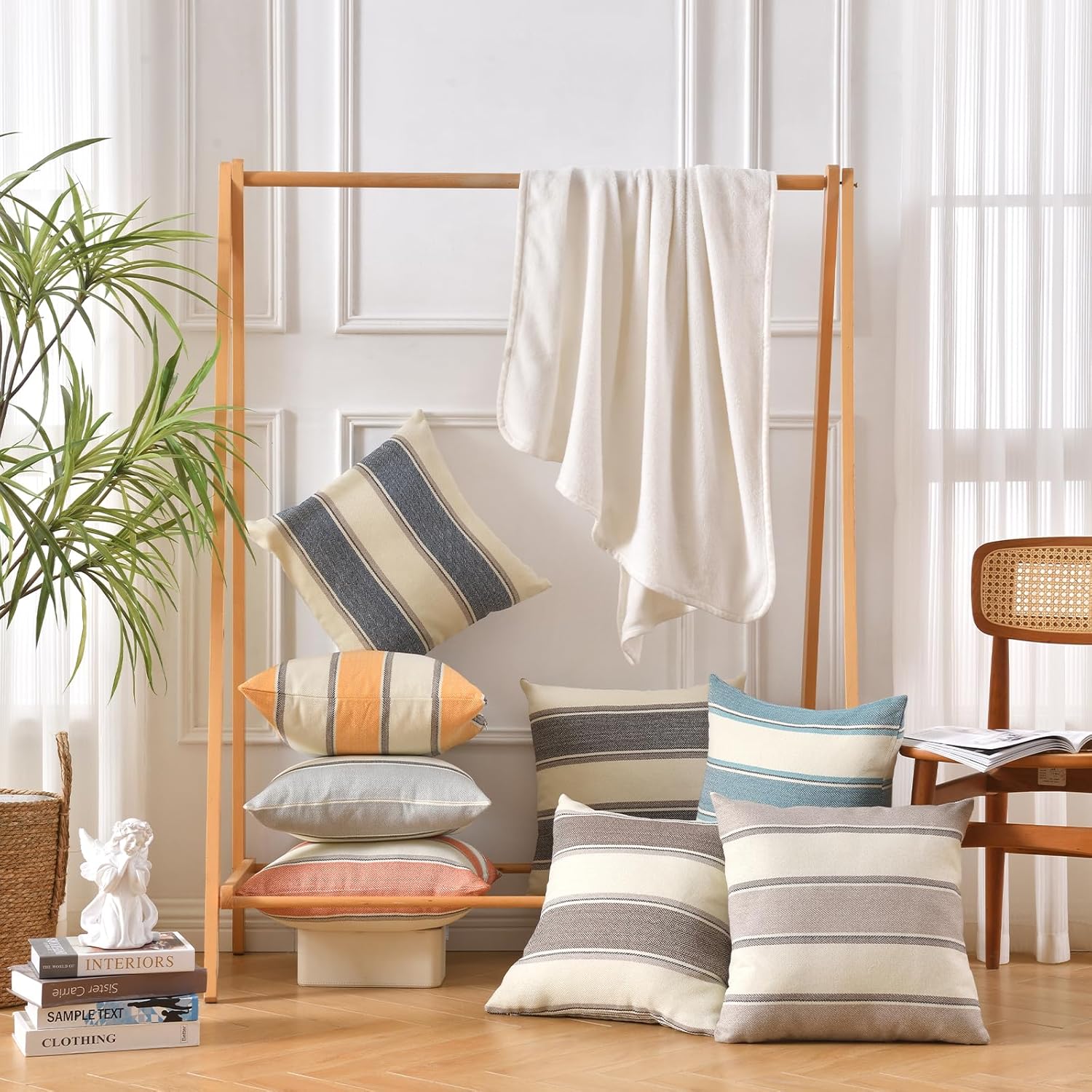 Farmhouse Linen Throw Pillow Cover Cushion Stripe Decoration Buffalo / 22 x 22 / Yellow / Set of 2