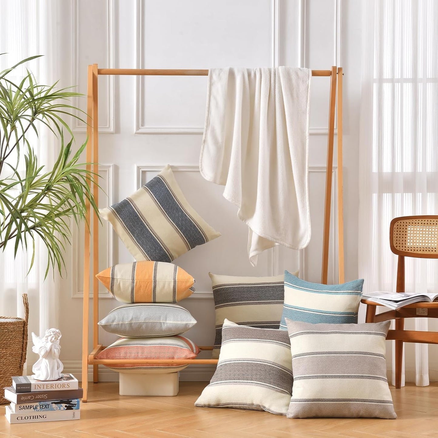 Farmhouse Linen Throw Pillow Cover Cushion Stripe Decoration Buffalo / 18 x 18 / Brown / Set of 2