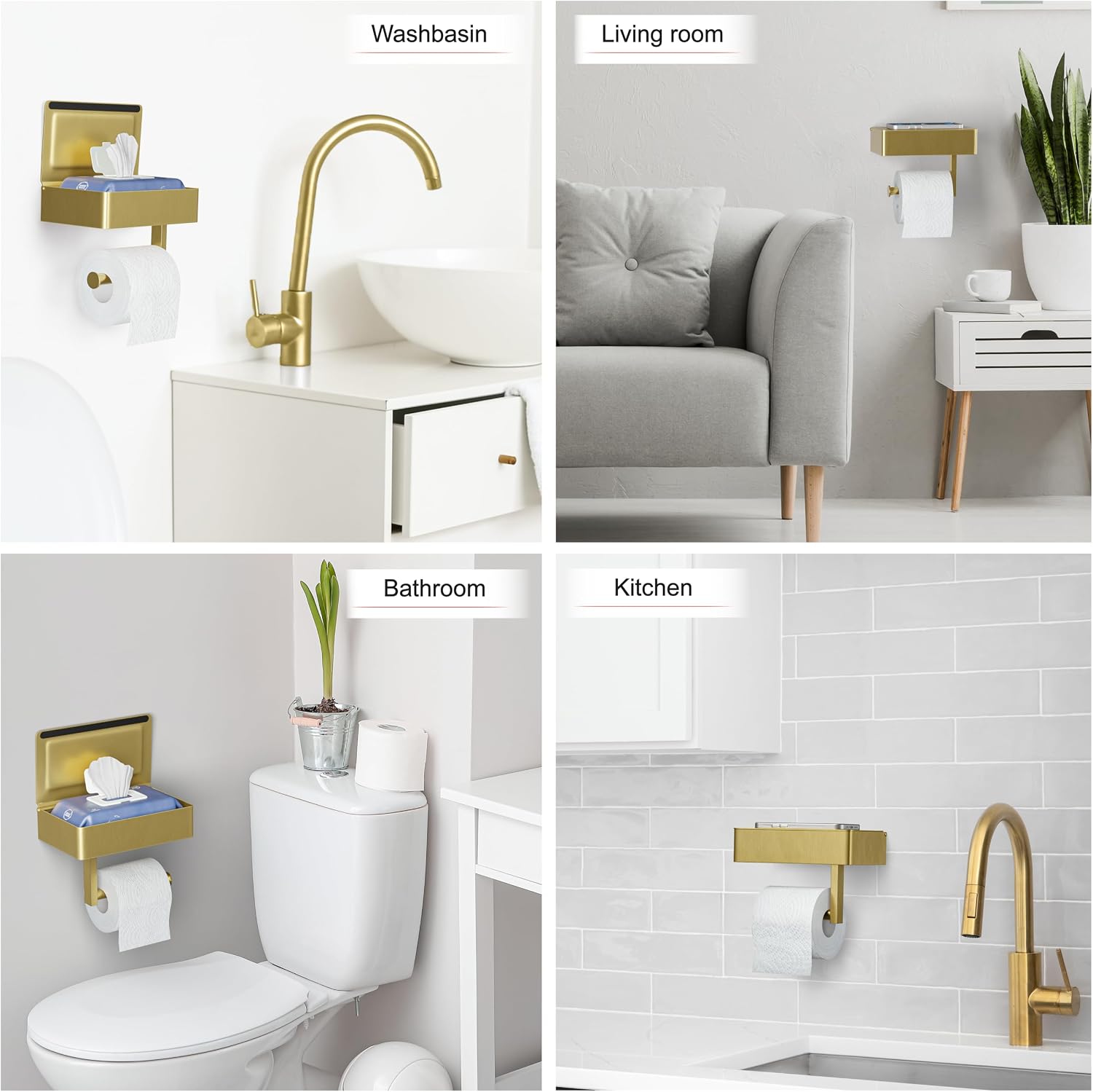Brushed Gold Toilet Paper Holder Wall Mounted with Shelf & Wipes Storage – Stainless Steel SUS304 Modern Toilet Tissue