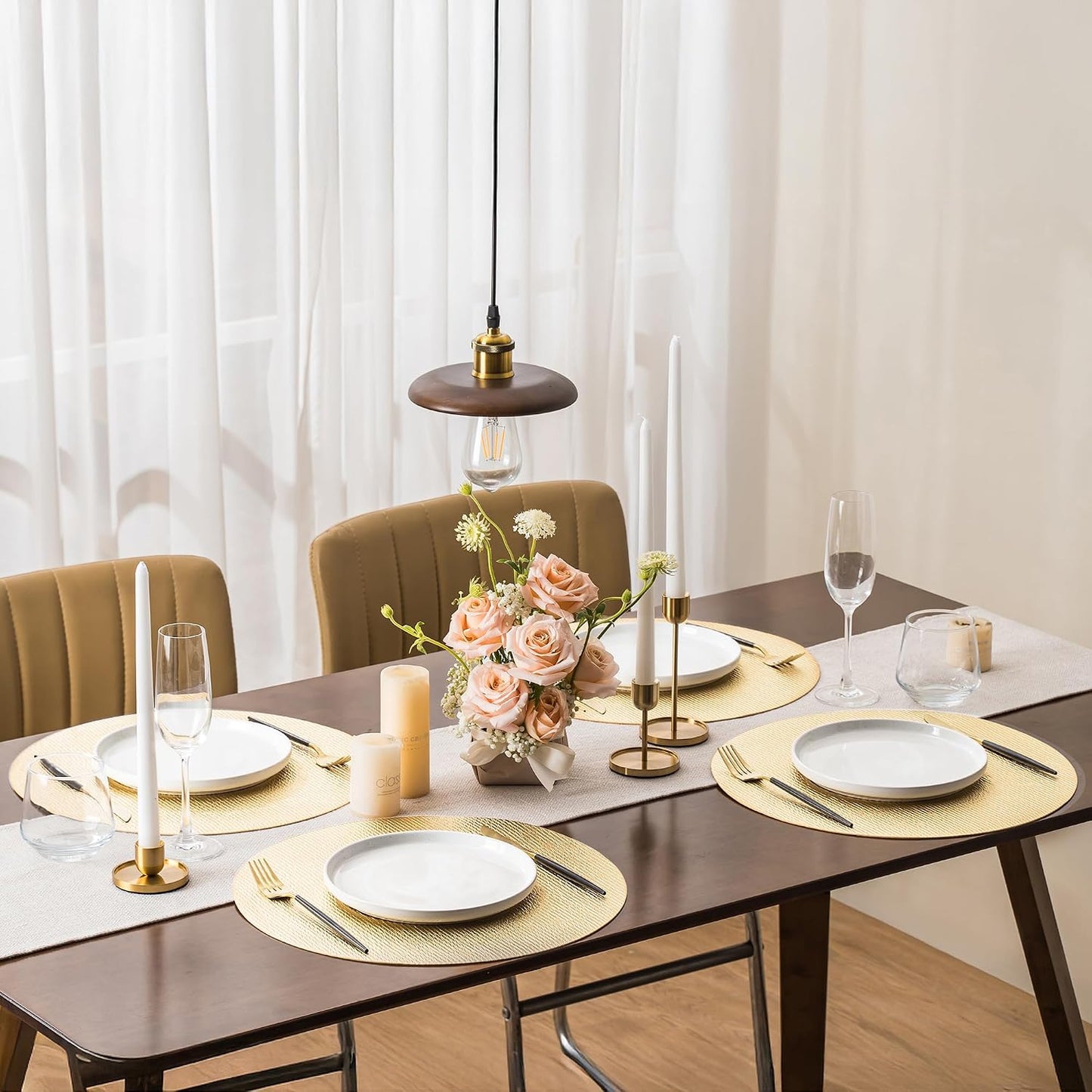Jovono 15" Faux Leather Big Round Placemats Set of 8 - Washable Heat Resistant Non-Slip Dining Table Mats with Fabric