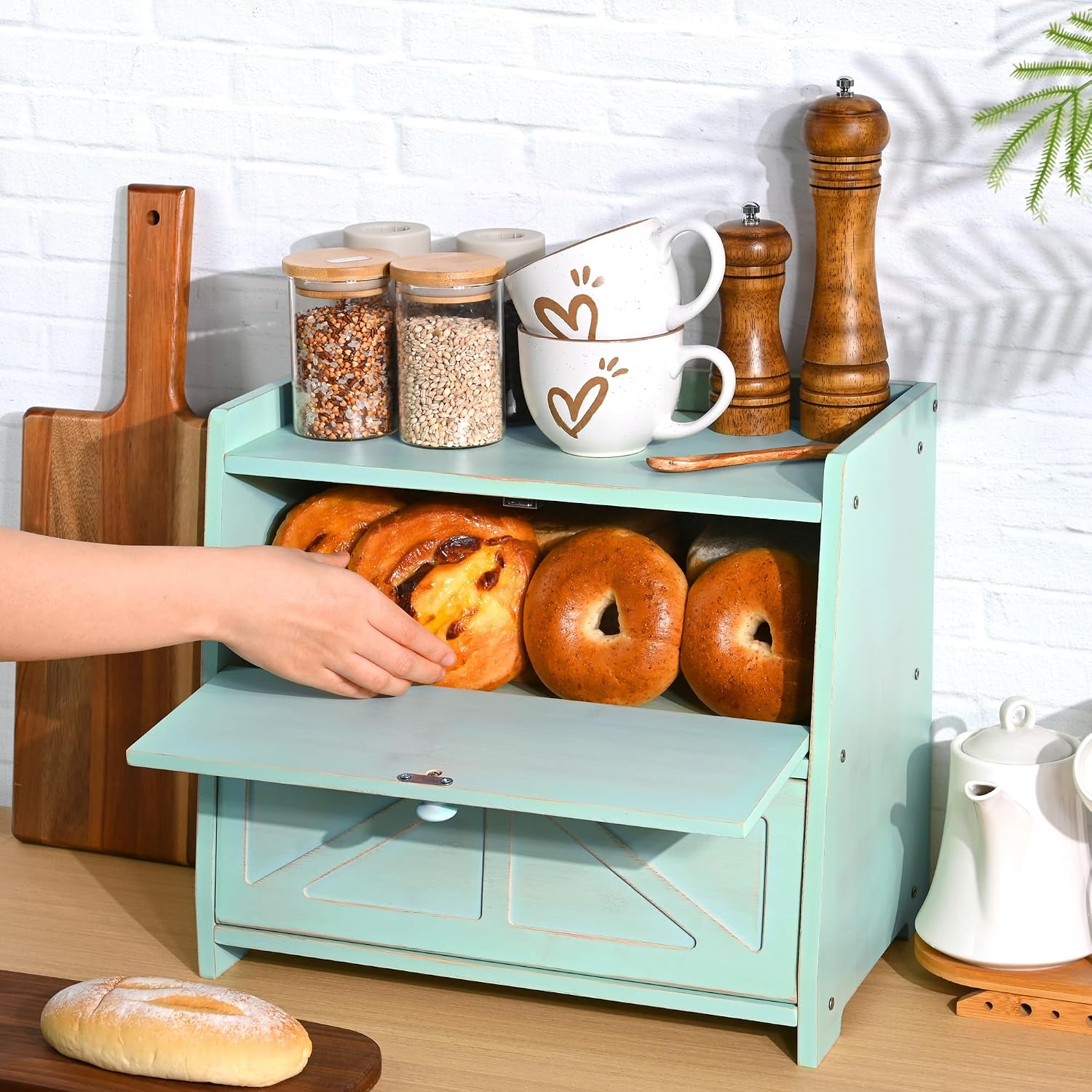 Bamboo Corner Bread Box for Kitchen Countertop 2-Tier Green | Farmhouse Bread Storage Container, Large Pantry