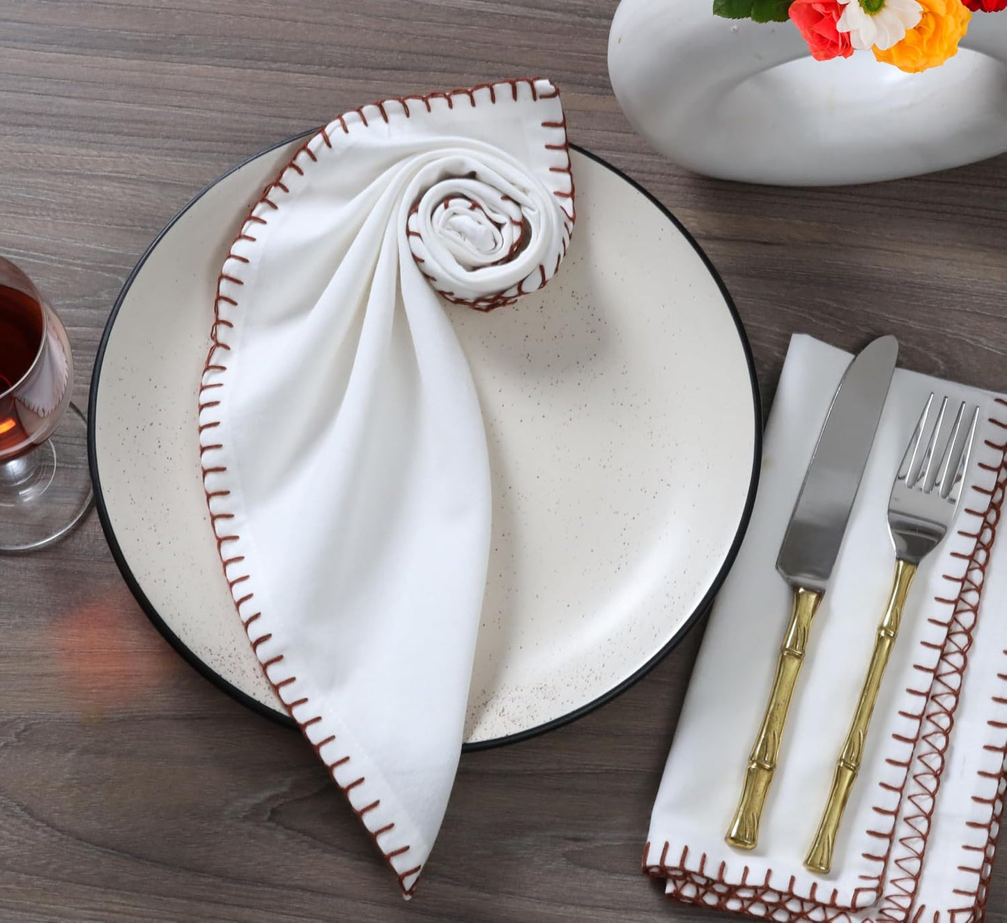 Bedding Craft Cotton Cloth Dinner Napkins Set of 12 – 18x18 Chili Oil Red Cloth Napkins with Blanket Stitch Selvedge –