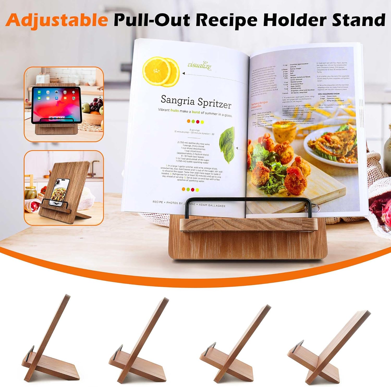 Wood Cookbook Stand Holder: Kitchen Adjustable Cookbook Holder Recipe Stand | for Counter Brown