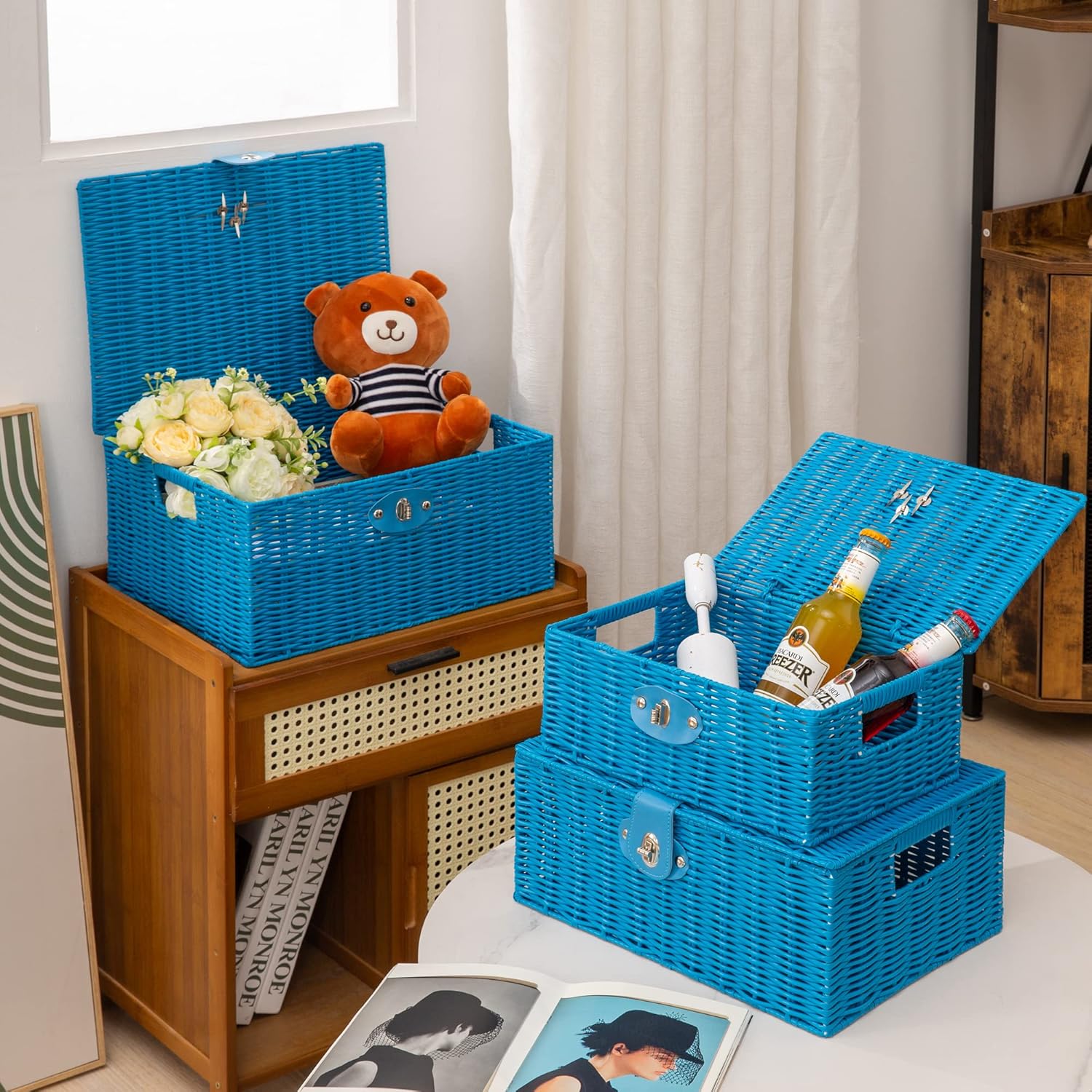 Woven Wicker Storage Basket Box / Blue / Set of 3
