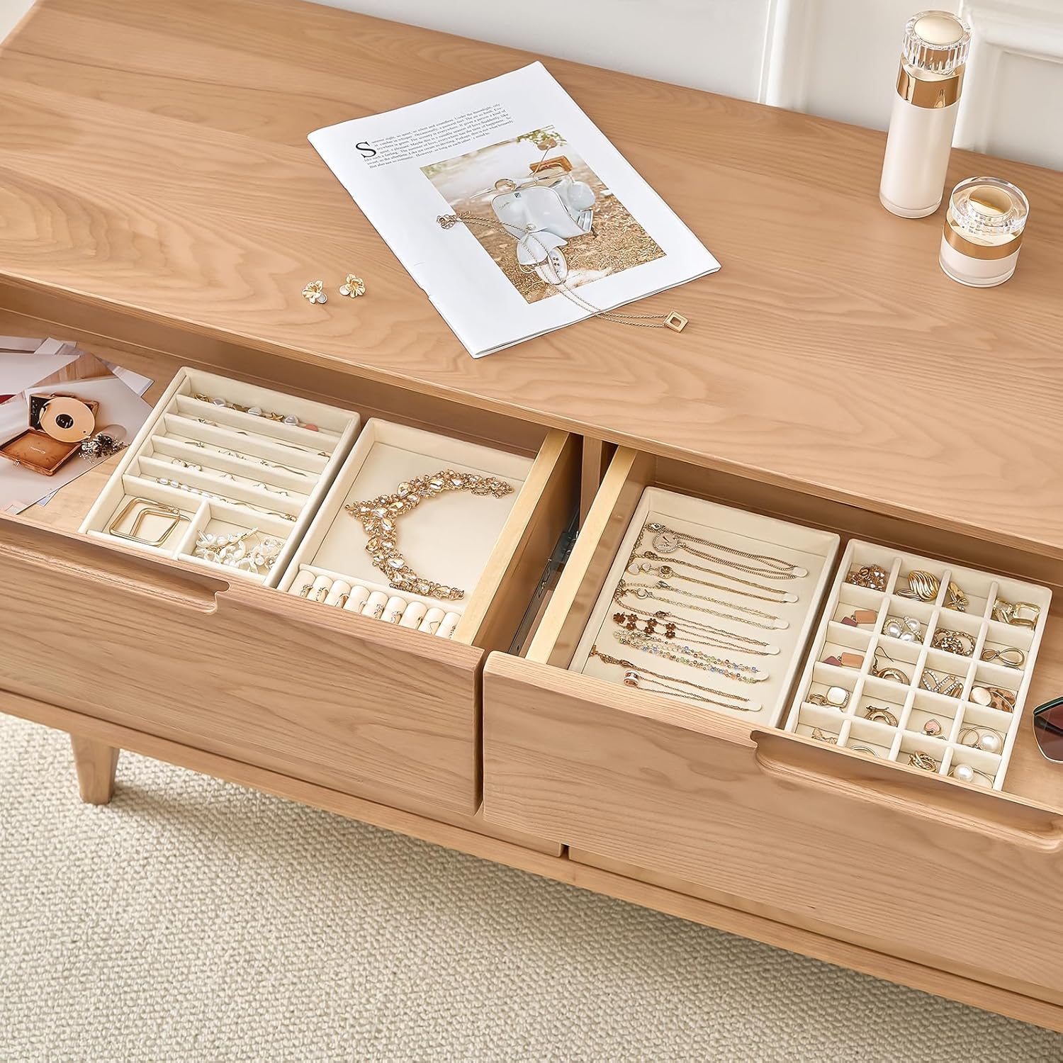 Stackable Jewelry Organizer Trays for Drawers / 4 Layers / Beige