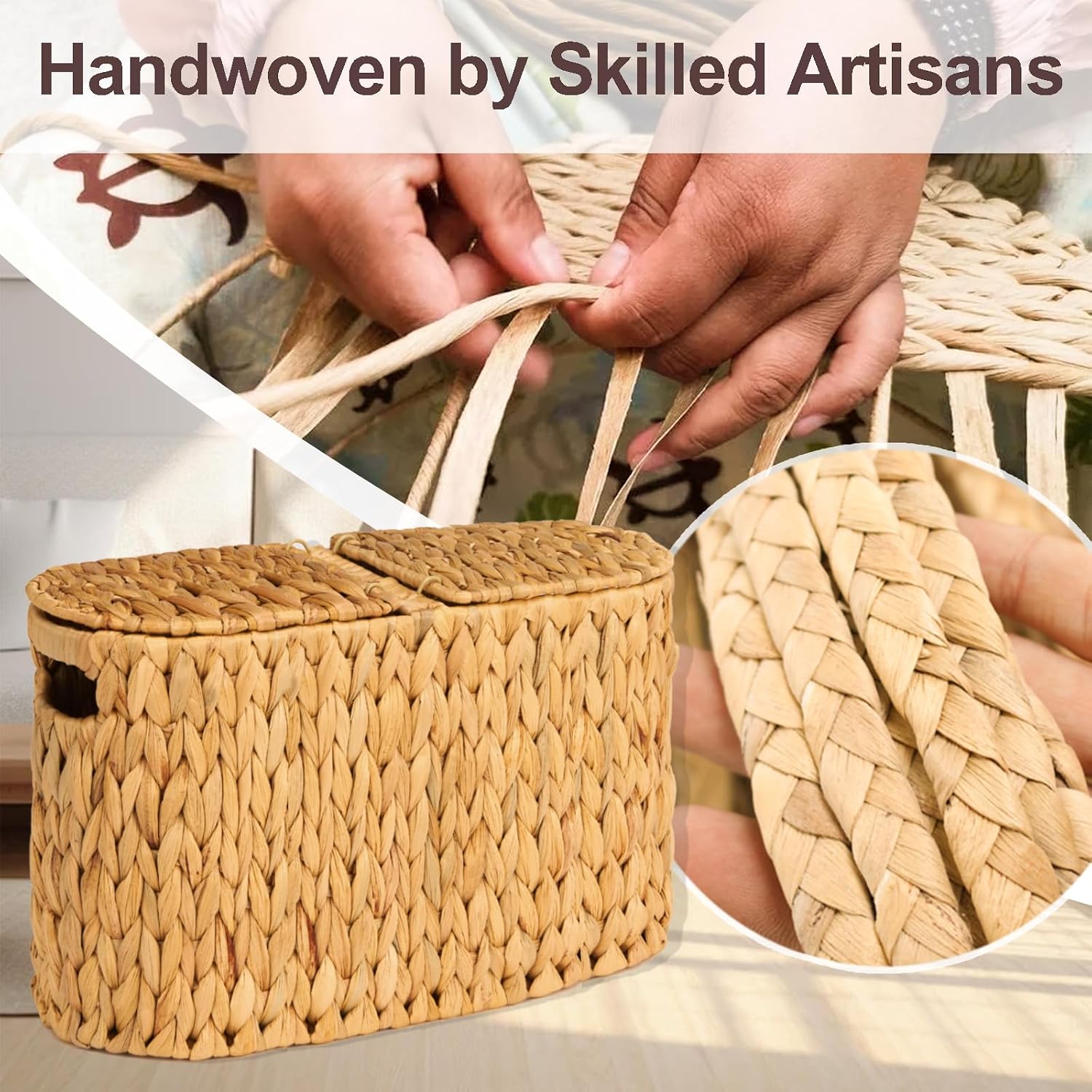 FairyHaus Wicker Toilet Paper Storage Basket with Lid & Handles, 6 Rolls Handwoven Toilet Paper Holder with Storage
