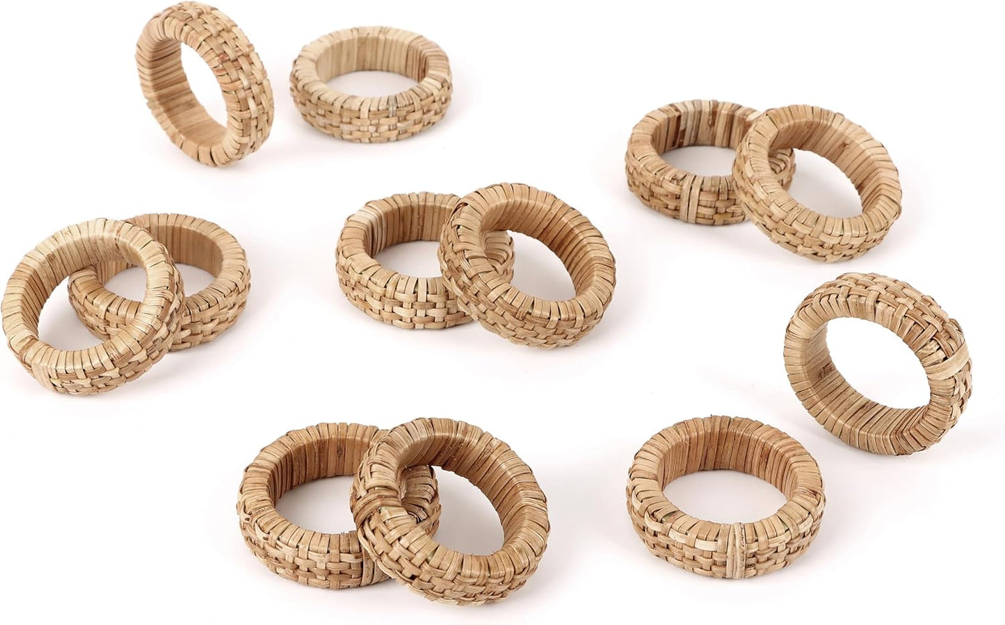 Jute Rattan Napkin Rings, Set of 12, Farmhouse Natural | 2.25x2.25x0.5 in each, plastic & natural cane blend