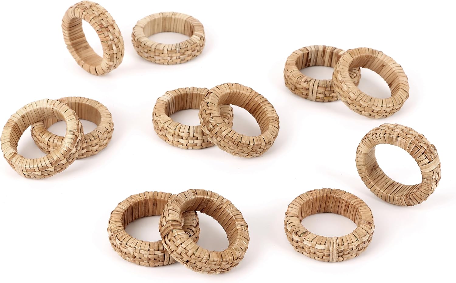 Jute Rattan Napkin Rings, Set of 12, Farmhouse Natural | 2.25x2.25x0.5 in each, plastic & natural cane blend