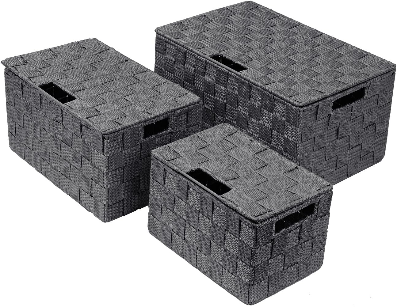 Hand-Woven Storage Baskets / Lid Bins / Gray / Set of 3