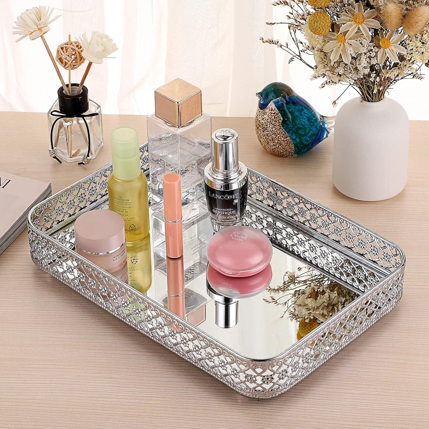 Perfume Mirror Tray Vanity Makeup Hollow-Carved Jewelry Organizer Glass / Silver / 11.8 x 7.9 x 2