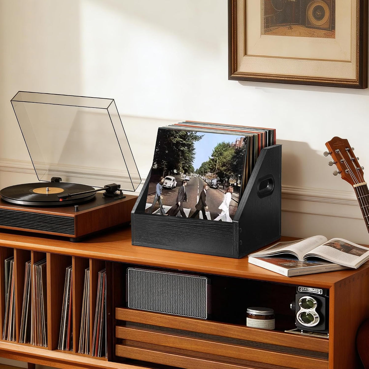 Vinyl Record Storage, Wooden Record Crate Box Case, Vinyl Album Storage Record Holder Holds up to 60+ Records, Desktop