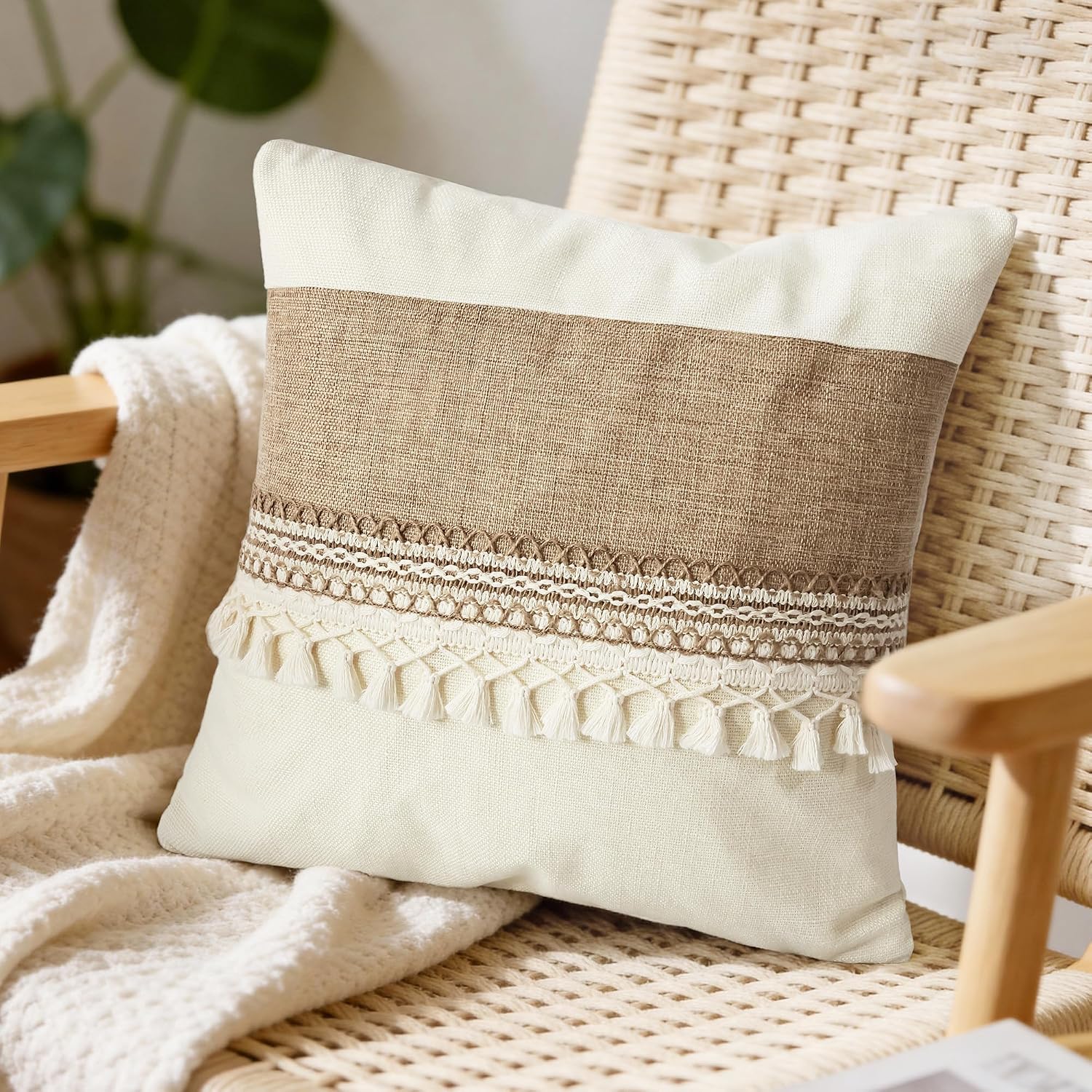 Boho Pillow Covers / Boho Beige Tassles-b / 18 x 18 / Set of 2
