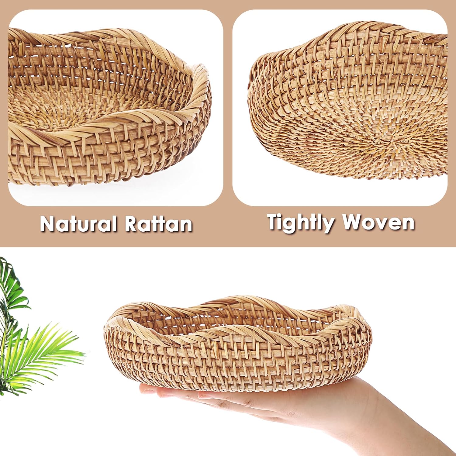 Round Key Basket Bowl for Entryway " Natural Rattan Fruit Bowl Woven / 7.3 Inch / Natural Color