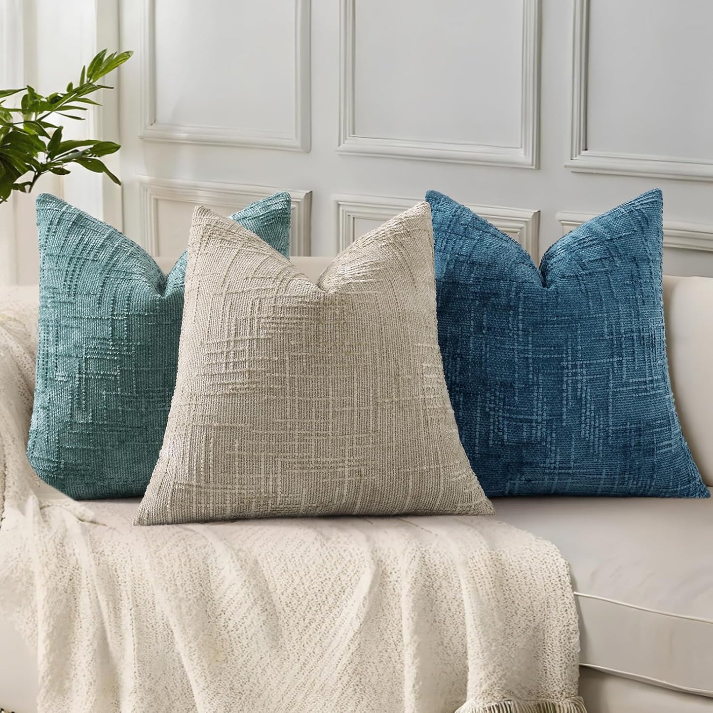 Fall Chenille Throw Pillow Covers Textured Soft Slubby Couch Pillow / Navy Blue / 18 x 18 / Set of 2