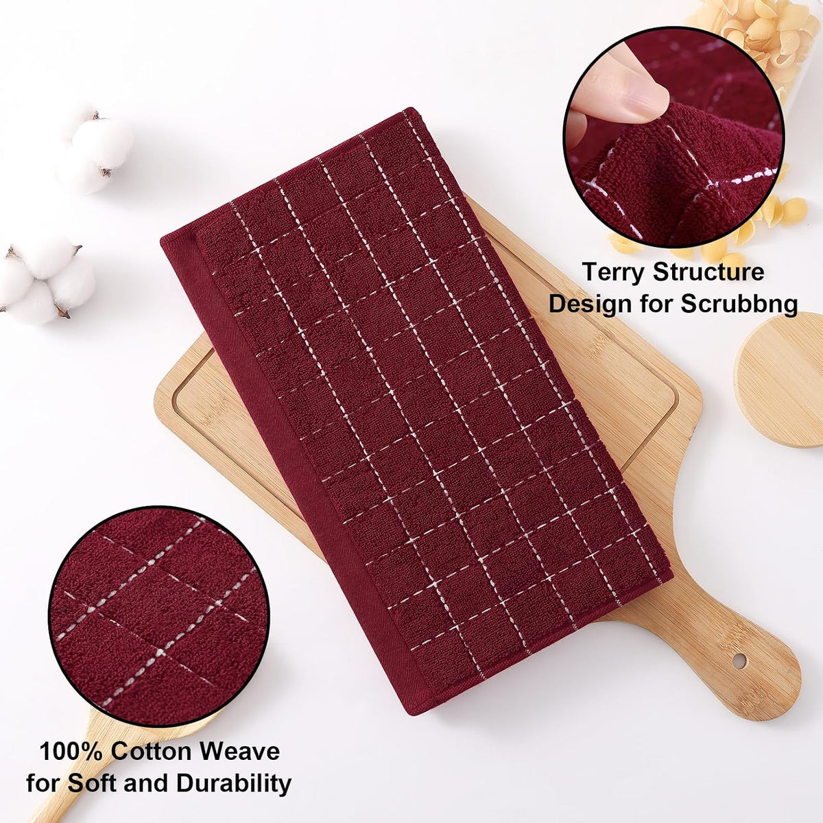 Homaxy 100% Cotton Terry Kitchen Dish Cloths, 12 Pack, Burgundy | Ultra Soft and Absorbent Dish Towels for Kitchen