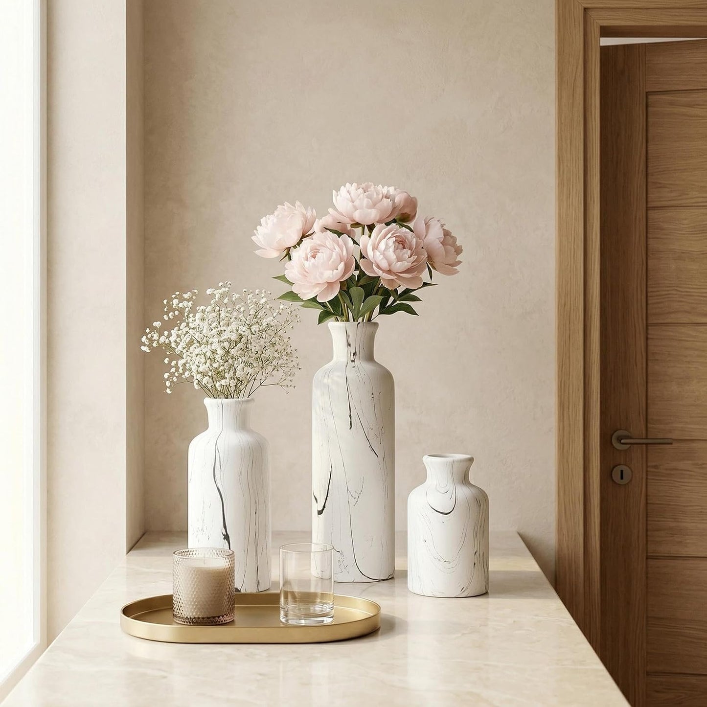 Modern Ceramic Flower Vase / 104-white Gray Marble / Set of 3