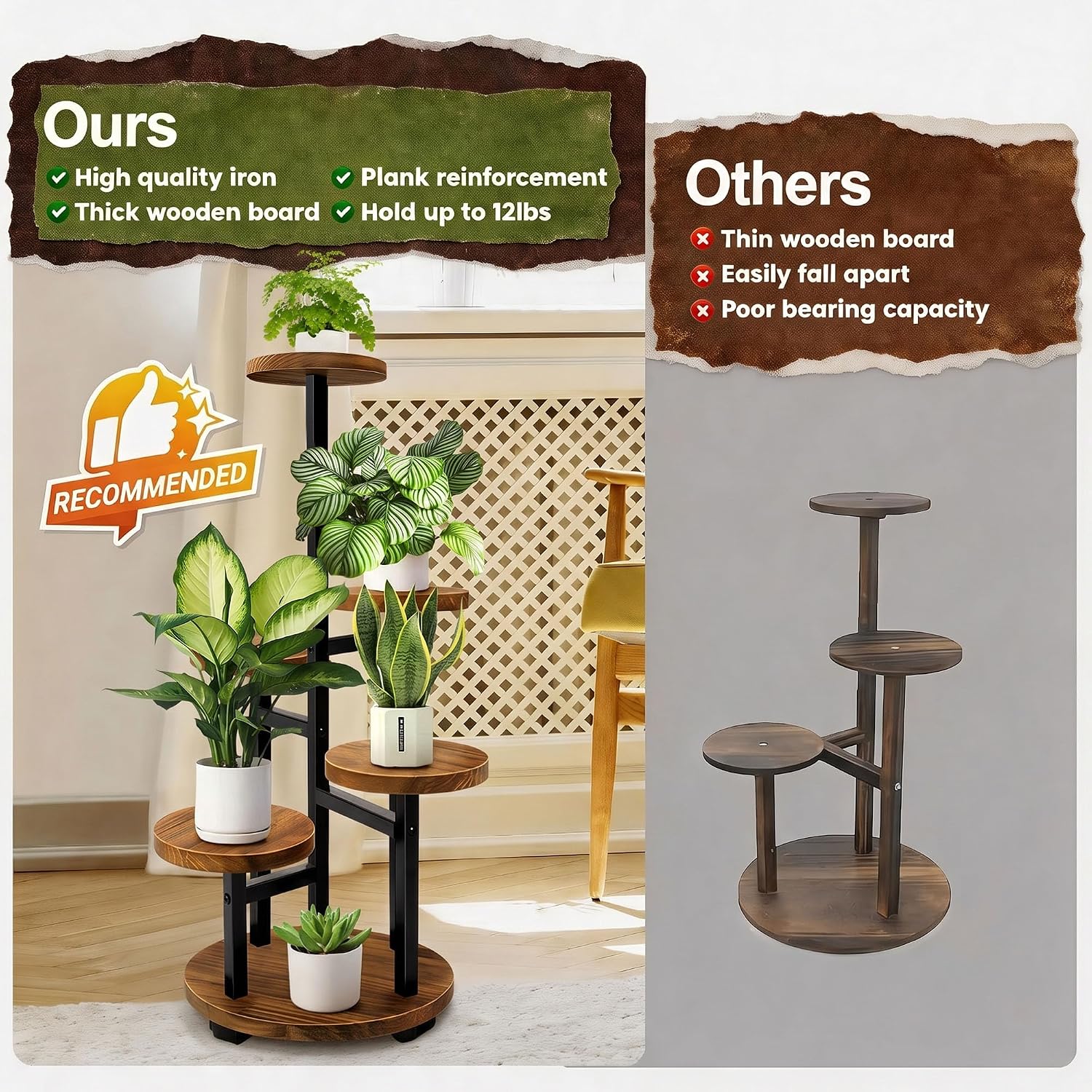 5 Tier Plant Stand With 4 Wheels | Metal Wood Tall Plant Stands For Indoor Plants Multiple, Corner Tiered Flower Plants