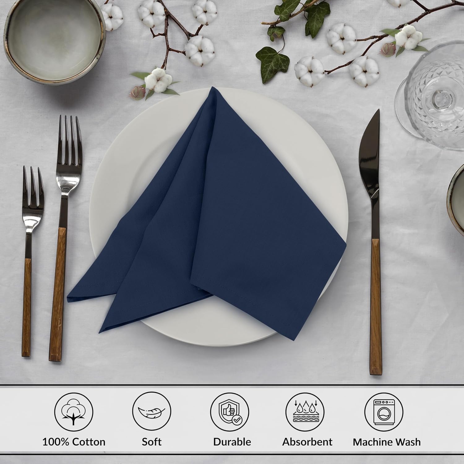 Ruvanti Cloth Napkins Set of 12, 100% Cotton 18”x18” - Pageant Blue | Washable, Soft, Durable & Absorbent Everyday