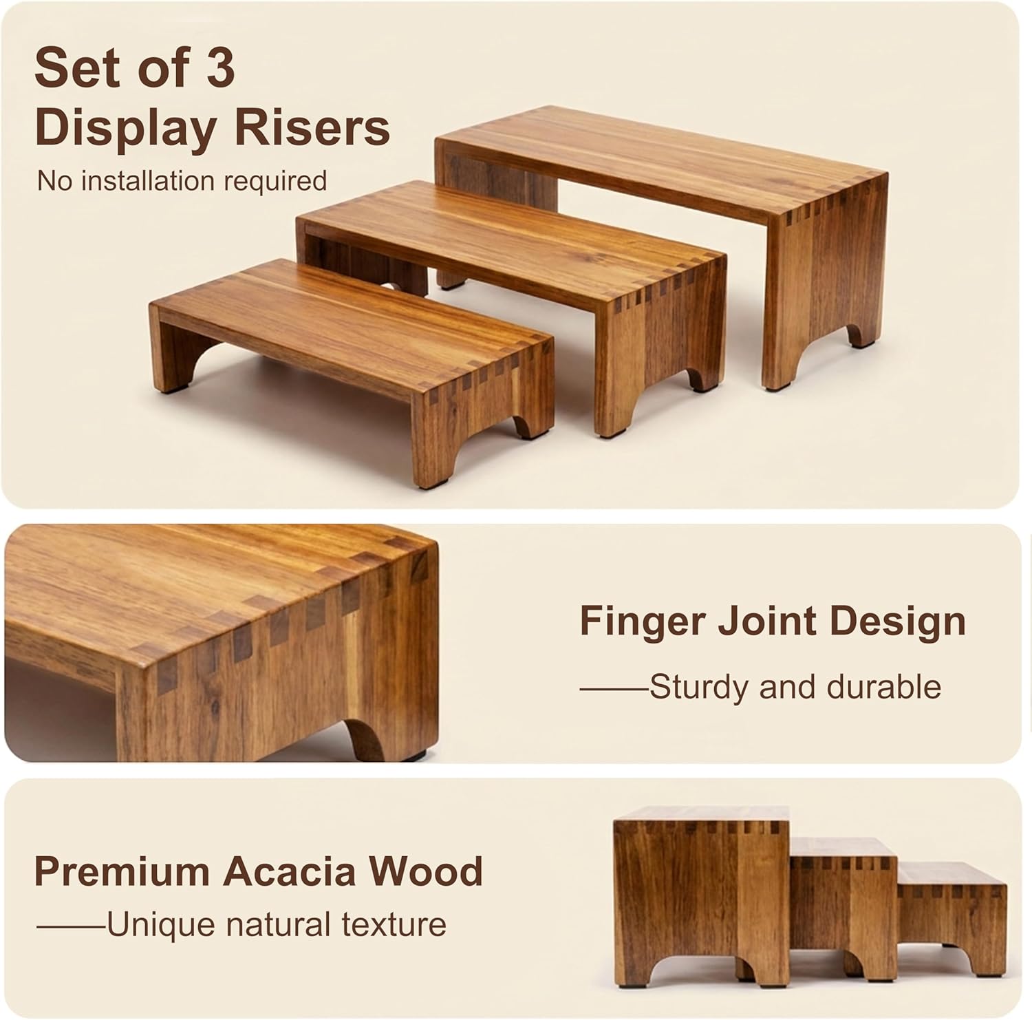 Acacia Wood Risers Display Stands / Set of 3