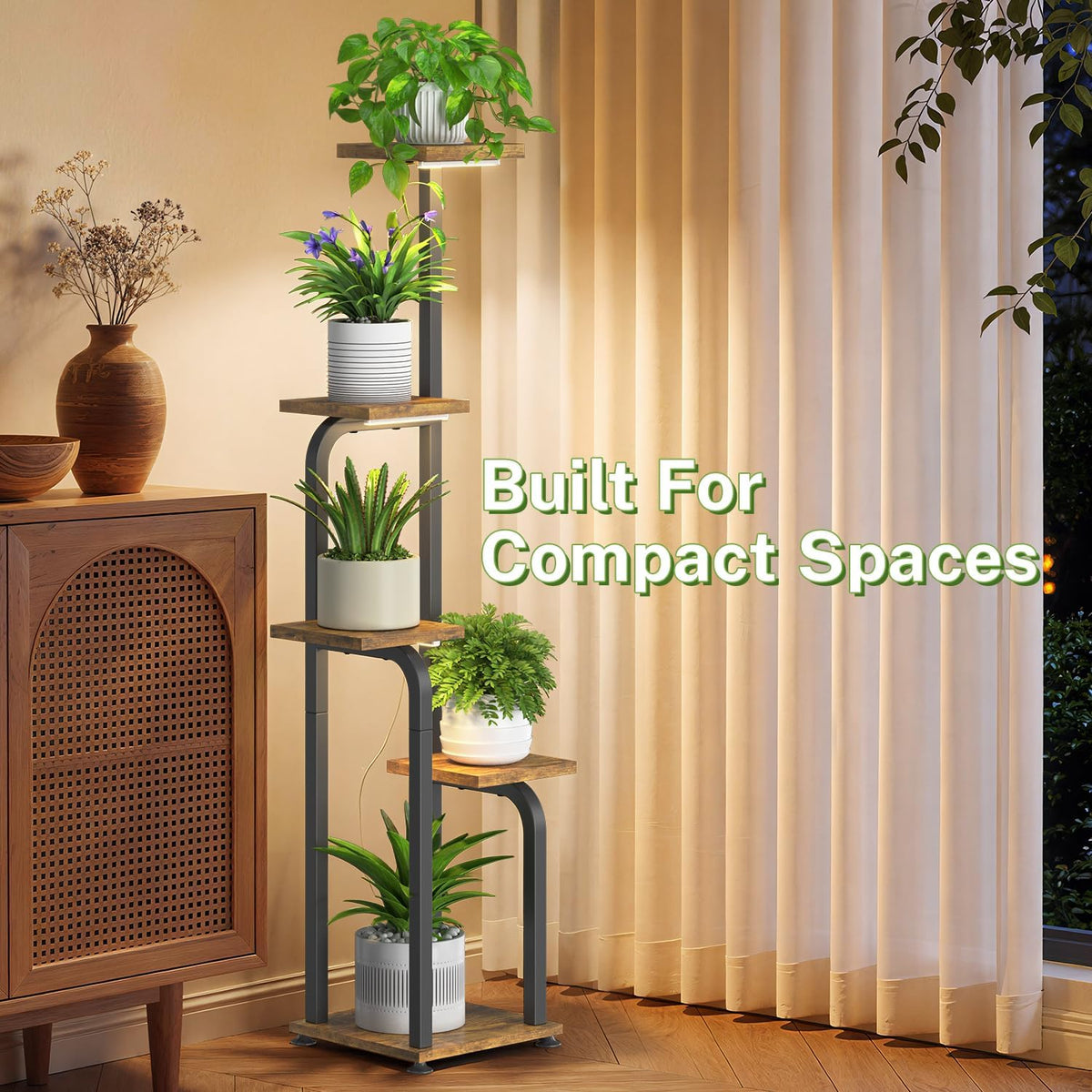 iDavosic.ly Tall Plant Stand Indoor with Grow Lights & Wooden Trays, Brown | 4 Tier Multiple Flower Holder Shelf, Space