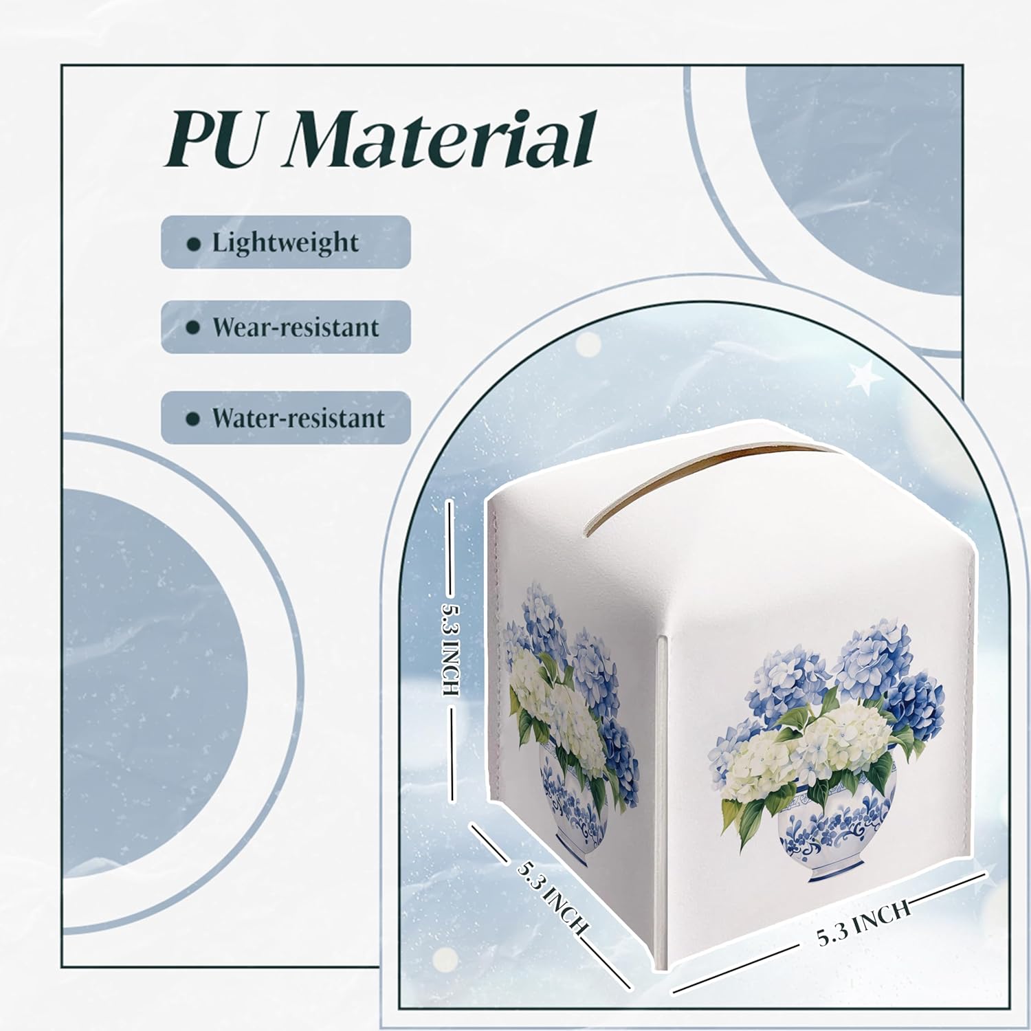 Chinoiserie and White Floral Decorative Square Faux Leather Tissue / Chinoiserie Hydrangea / Blue