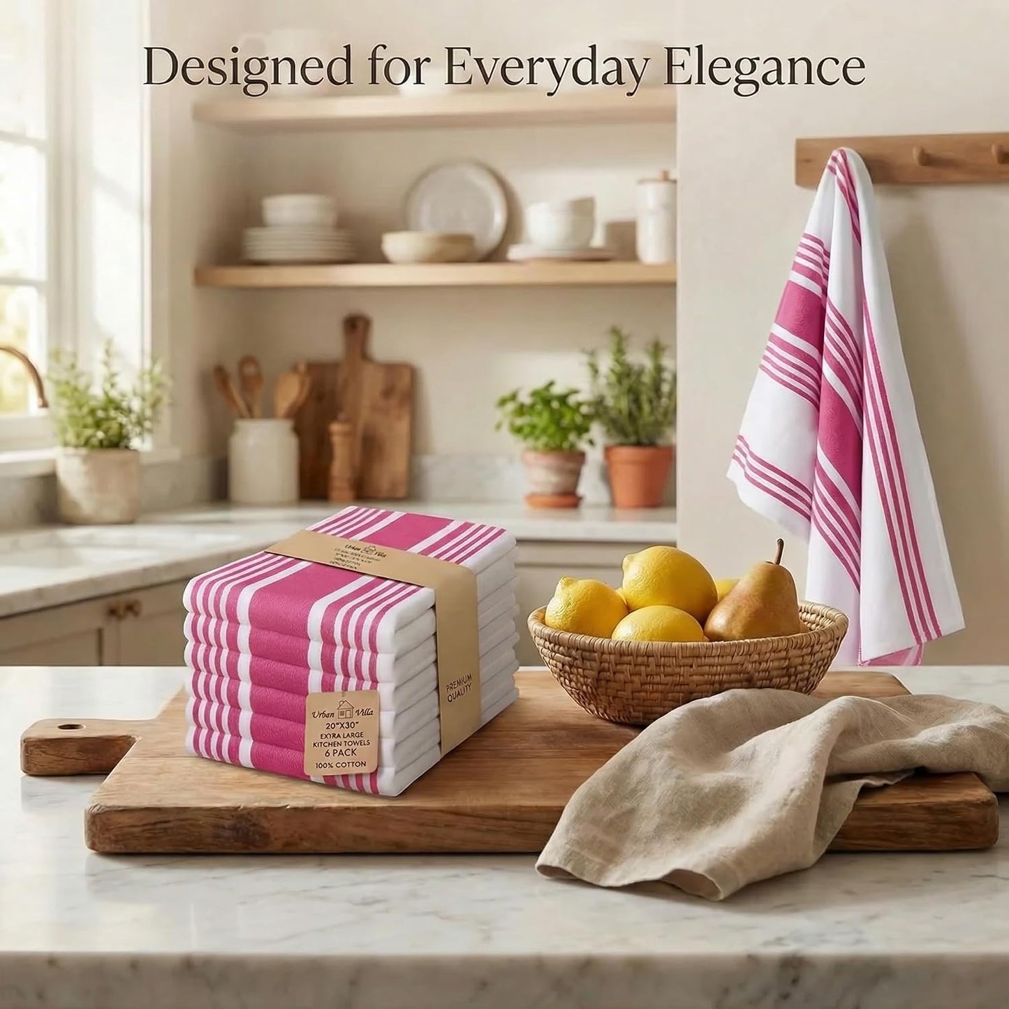 Urban Villa Kitchen Towels Cotton Dish Towel 20”x30” (Set of 6) Fuchsia White