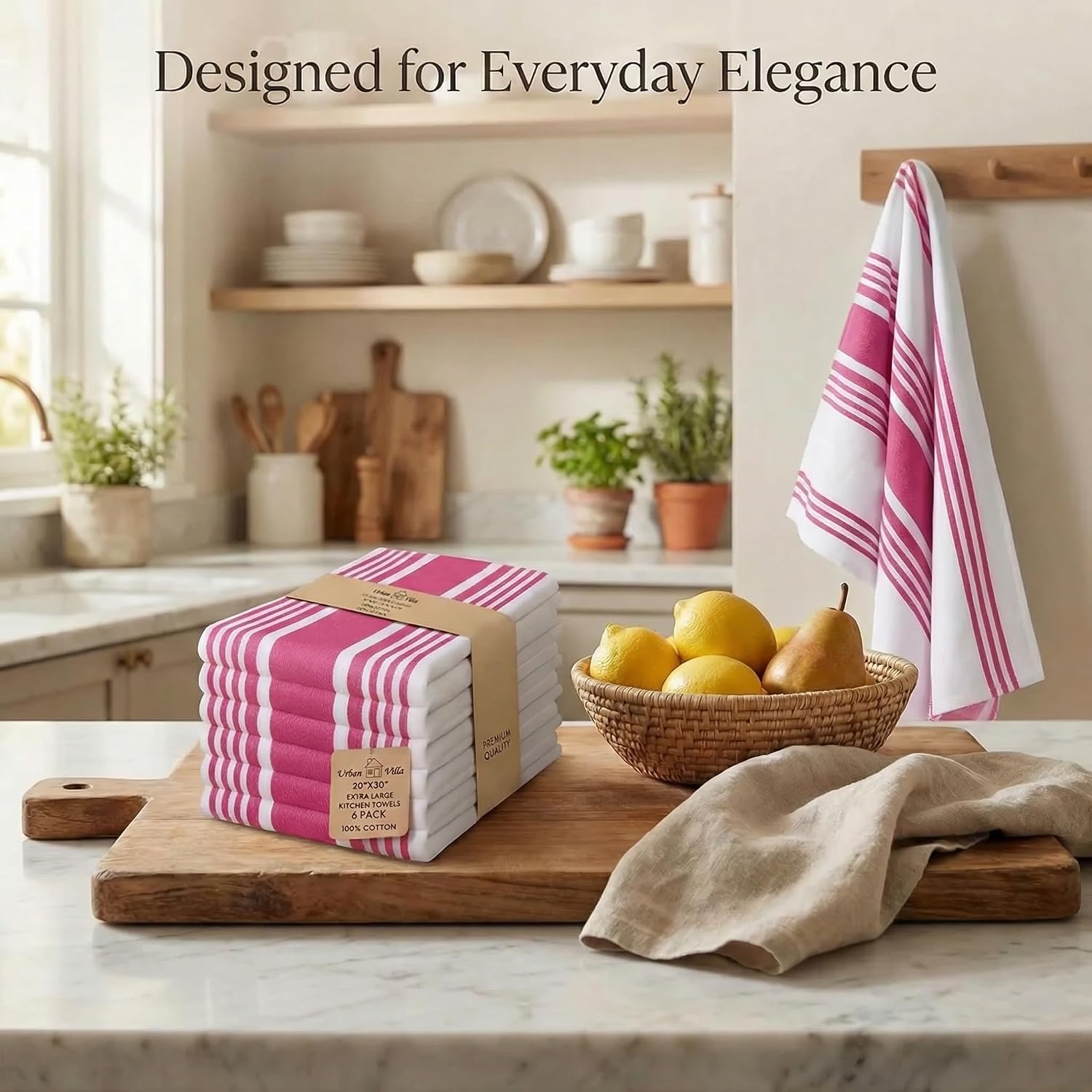 Urban Villa Kitchen Towels Cotton Dish Towel 20”x30” (Set of 6) Fuchsia White