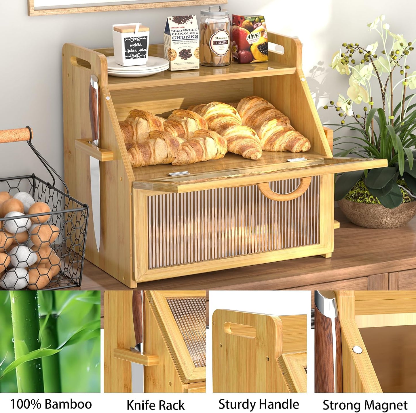 Bread Box for Kitchen Countertop, Large Bread Storage Container for Homemade Bread, Wooden Farmhouse Breadbox