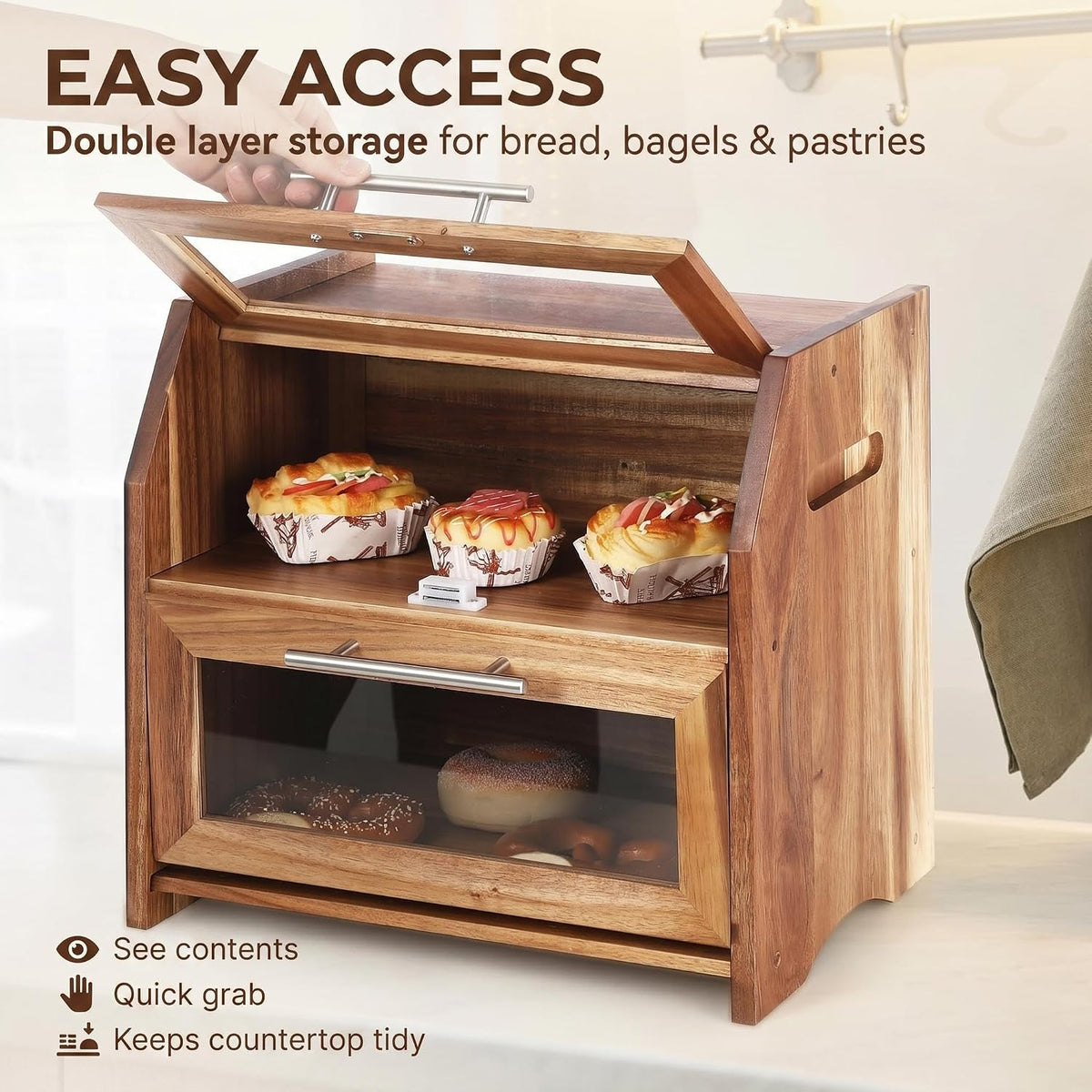 Garvee Acacia Wood Double Layer Bread Box, Clear Acrylic Door | Ventilation Design, Compact Countertop Organizer