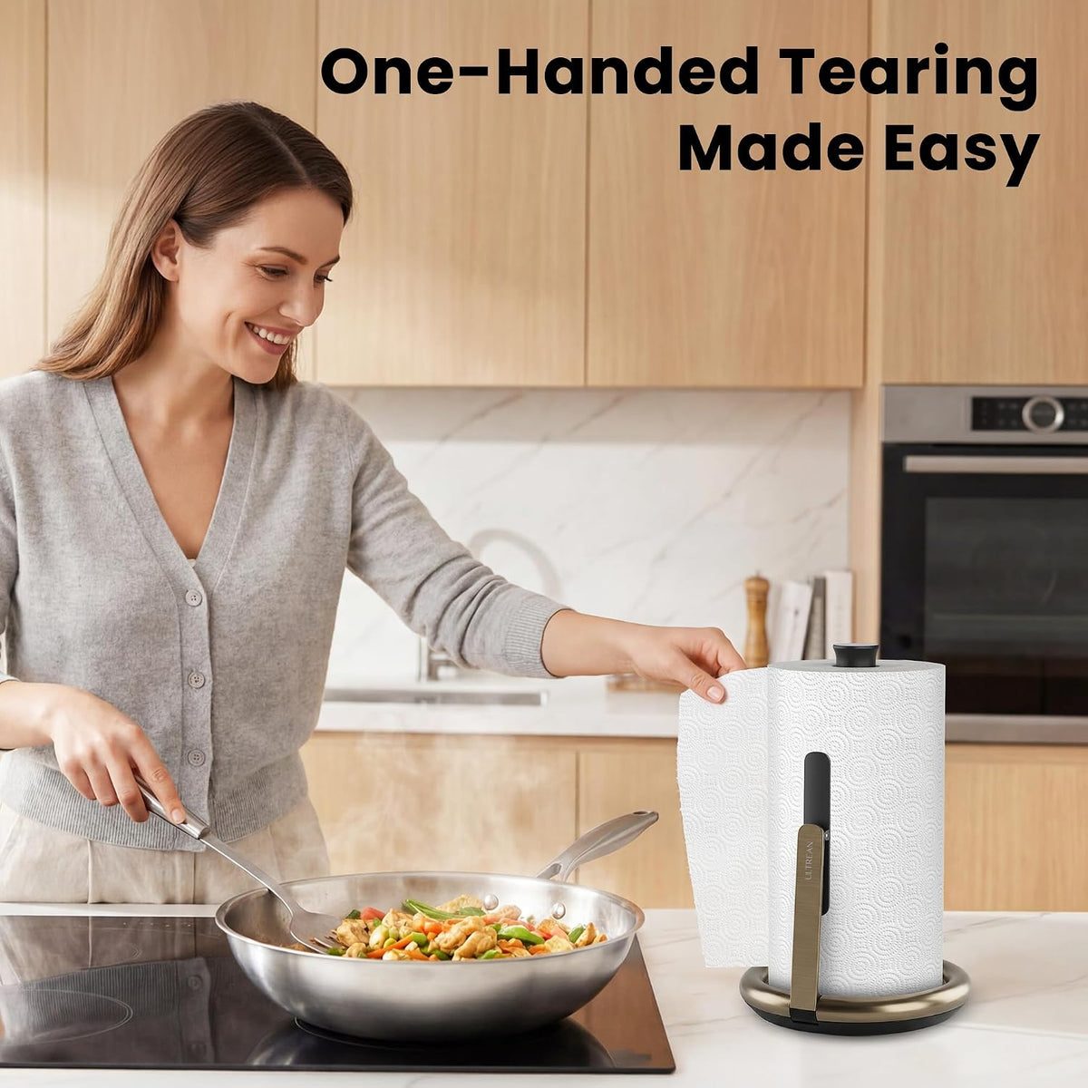 Ultrean Paper Towel Holder Countertop, Freestanding Paper Towel Dispenser with Spring-Loaded Arm for One-Handed Tear