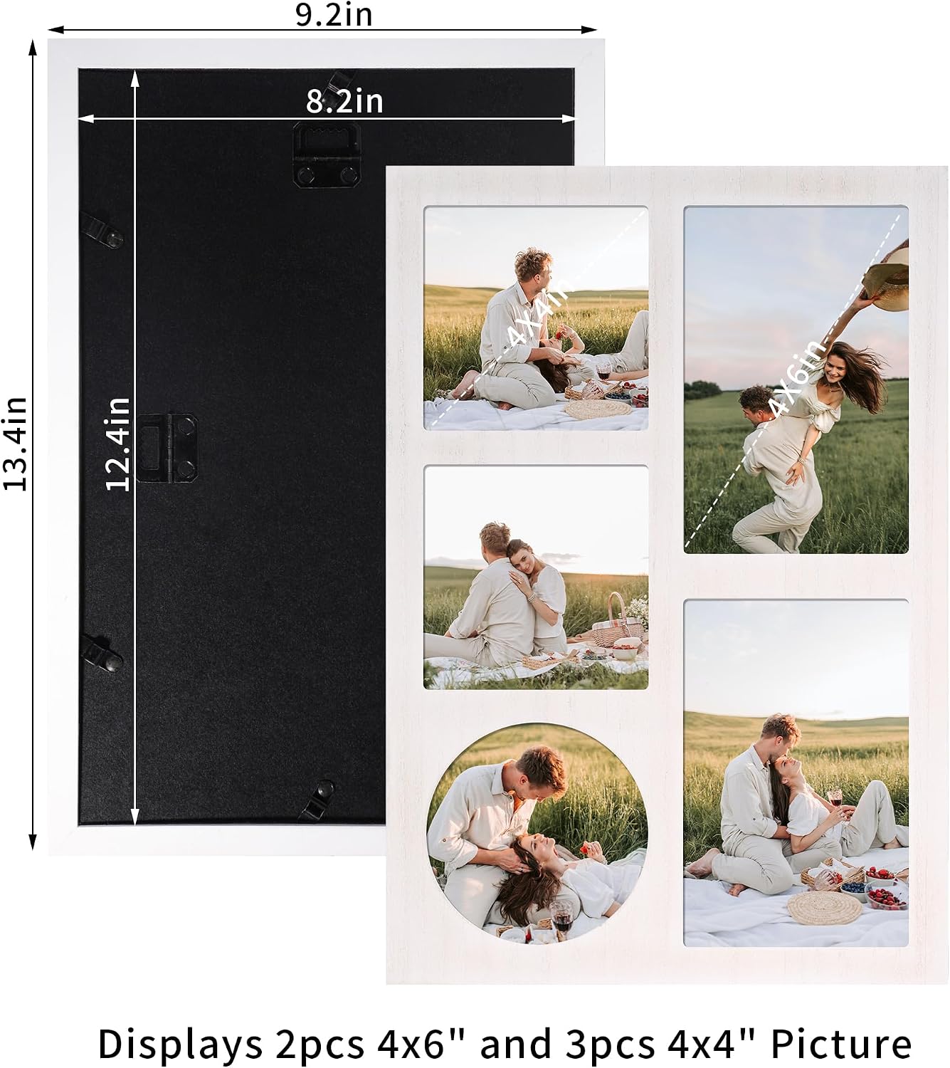 YESKAY 4x6 and 4x4 Collage Picture Frame, Display 5 Openings Photo Frames, Rustic White Wood Frame with Real Glass