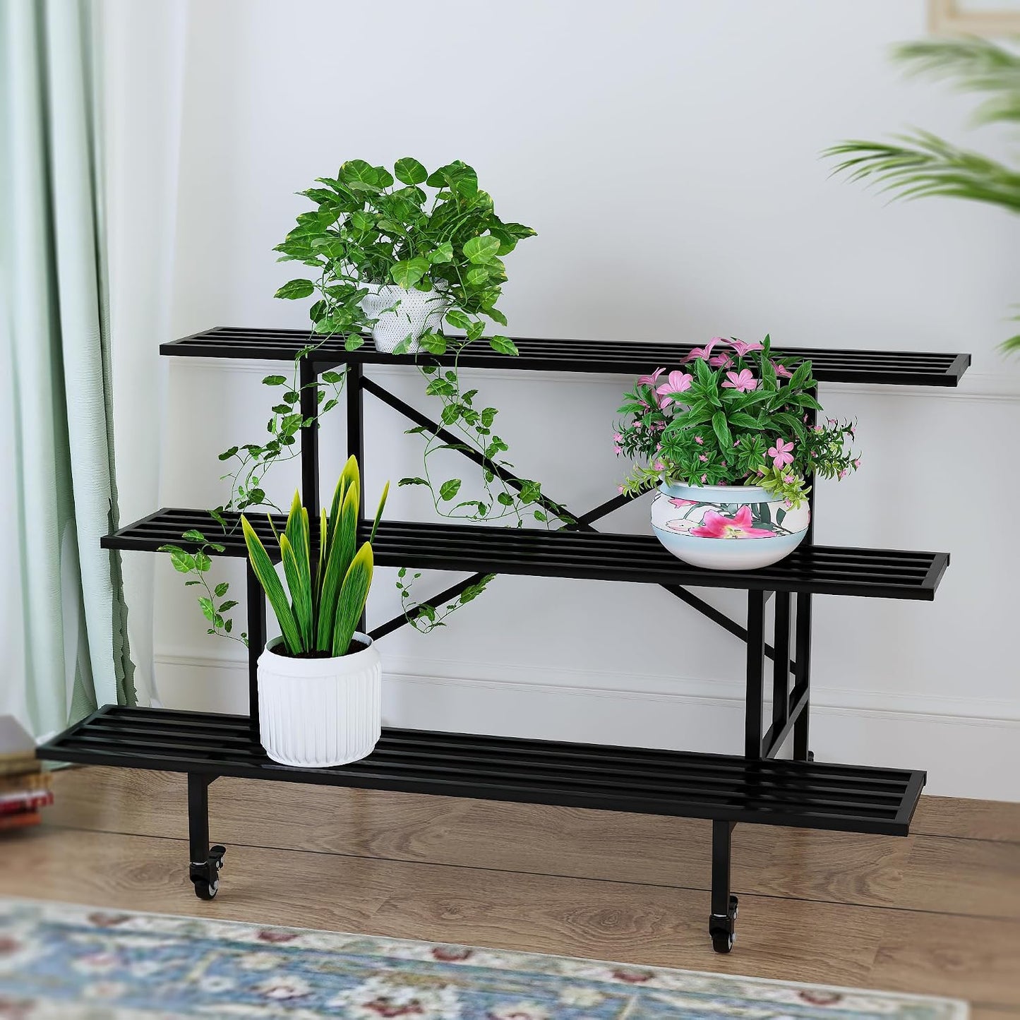 Zhongma 3 Tier Sturdy Metal Plant Stand with Wheels, L45.67 x W26 x H26 inch, Heavy Duty Plant Holder for Home Indoor