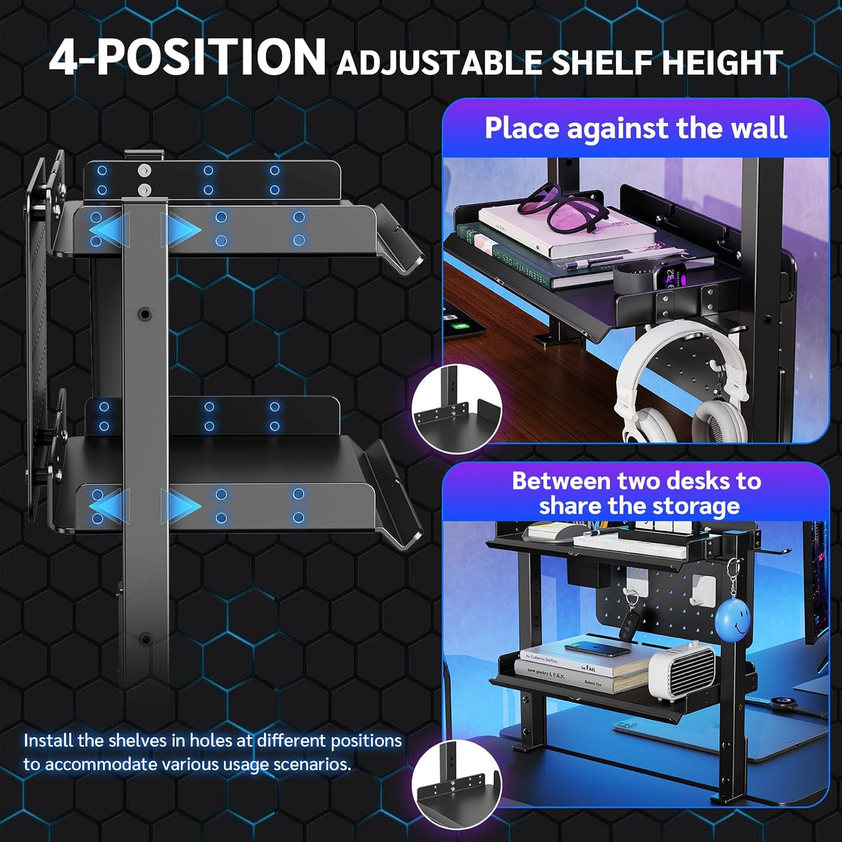 Metal Clamp On Desk Shelf,Storage Shelves with Pegboard and Pencil Holder | 2-Tier Adjustable 16 inch Above or Under