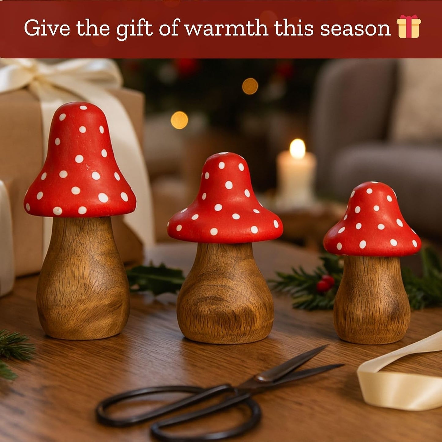 Wooden Mushroom Decor Figurines / Set of 3