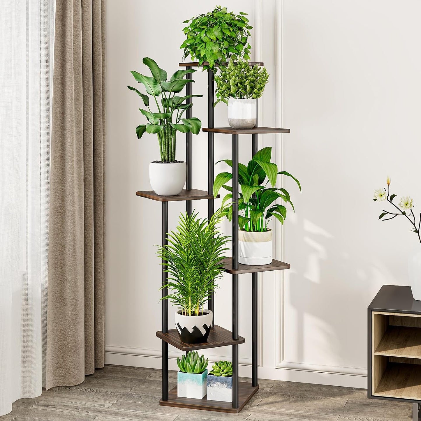 6 Tier Tall Plant Stand Indoor Corner Tiered Shelf Metal MDF Board | Sturdy Metal Frame,Space-saving Tiered Design