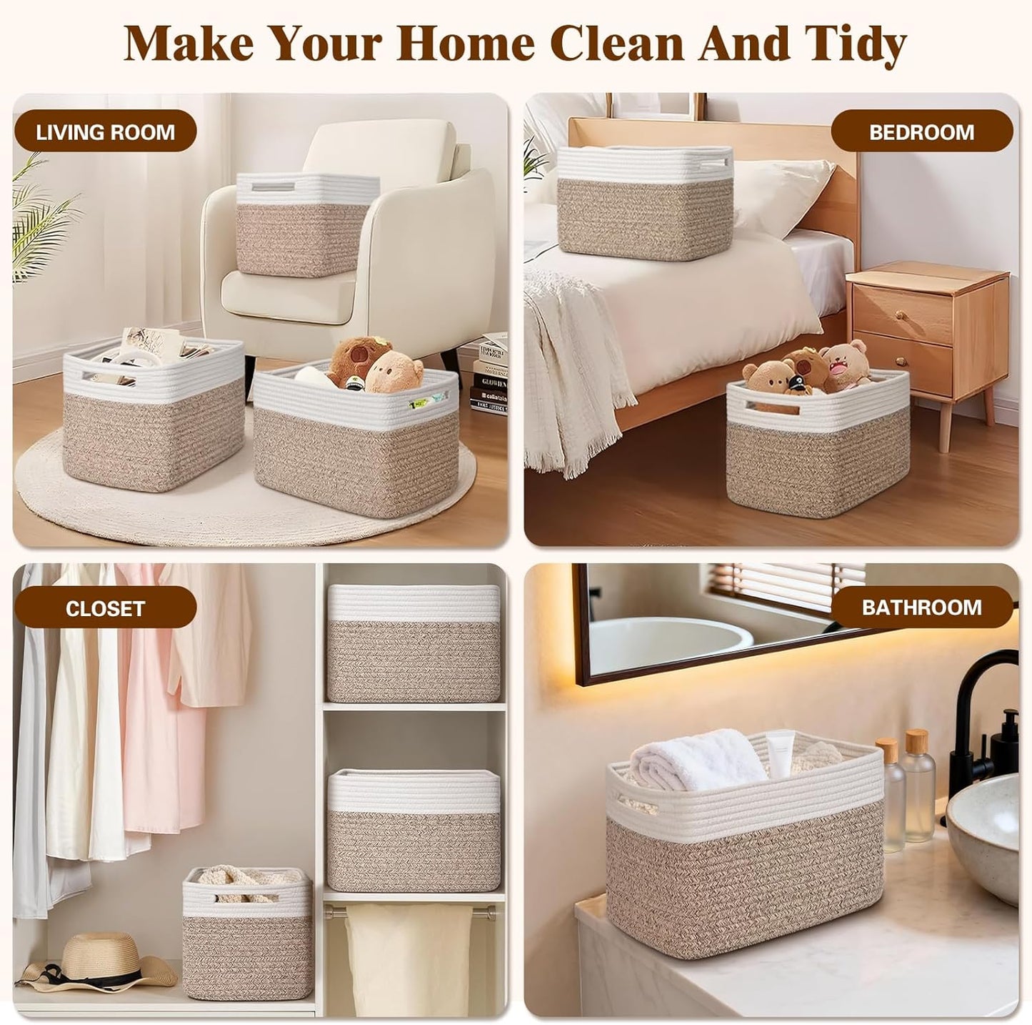 Baskets / Decorative Storage Bins / Brown & White / Set of 4