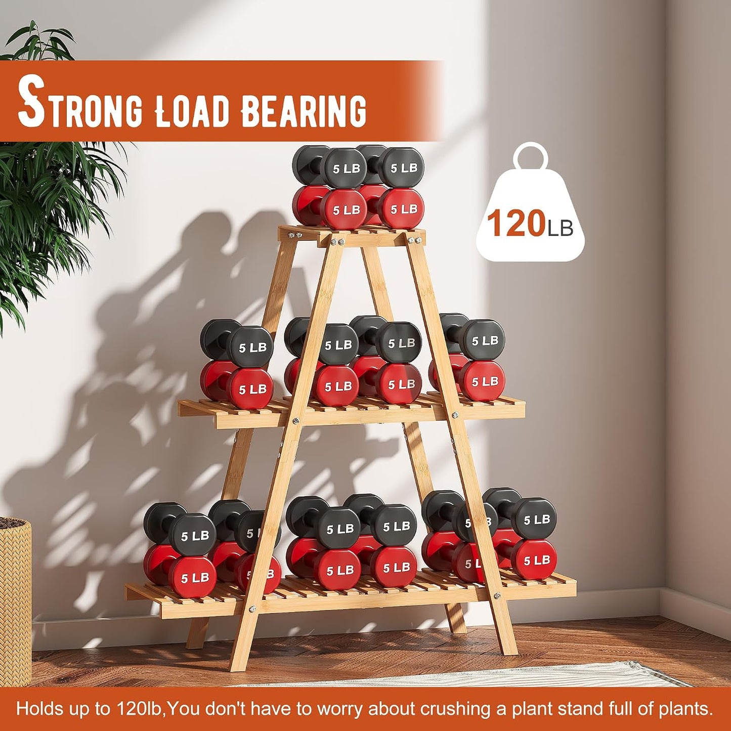 GHWIE Plant Stand Indoor Plant Shelf Outdoor bamboo Plant Rack, 3 Tiers Ladder Plant Holder Flower Stand for Living