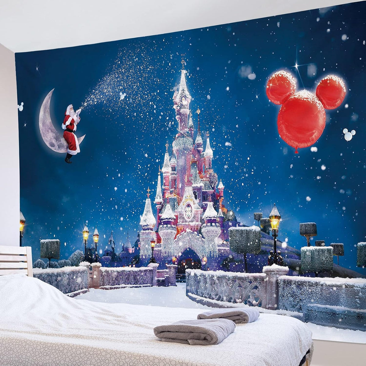 HVEST Castle Tapestry Santa Claus on Moon with Snowflake Wall Hanging Winter Scenery Tapestries for Bedroom,Living Room,Dorm Party Wall Decor,92.5Wx70.9H inches