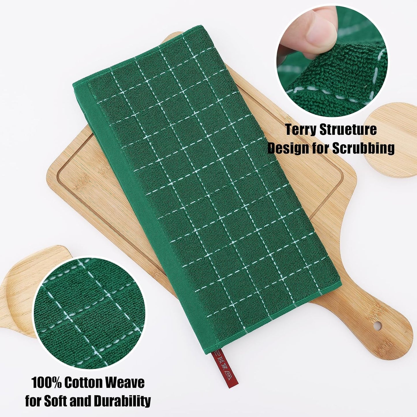 Homaxy 100% Cotton Terry Kitchen Dish Cloths, 12 Pack, Dark Green | Ultra Soft and Absorbent Dish Towels for Kitchen
