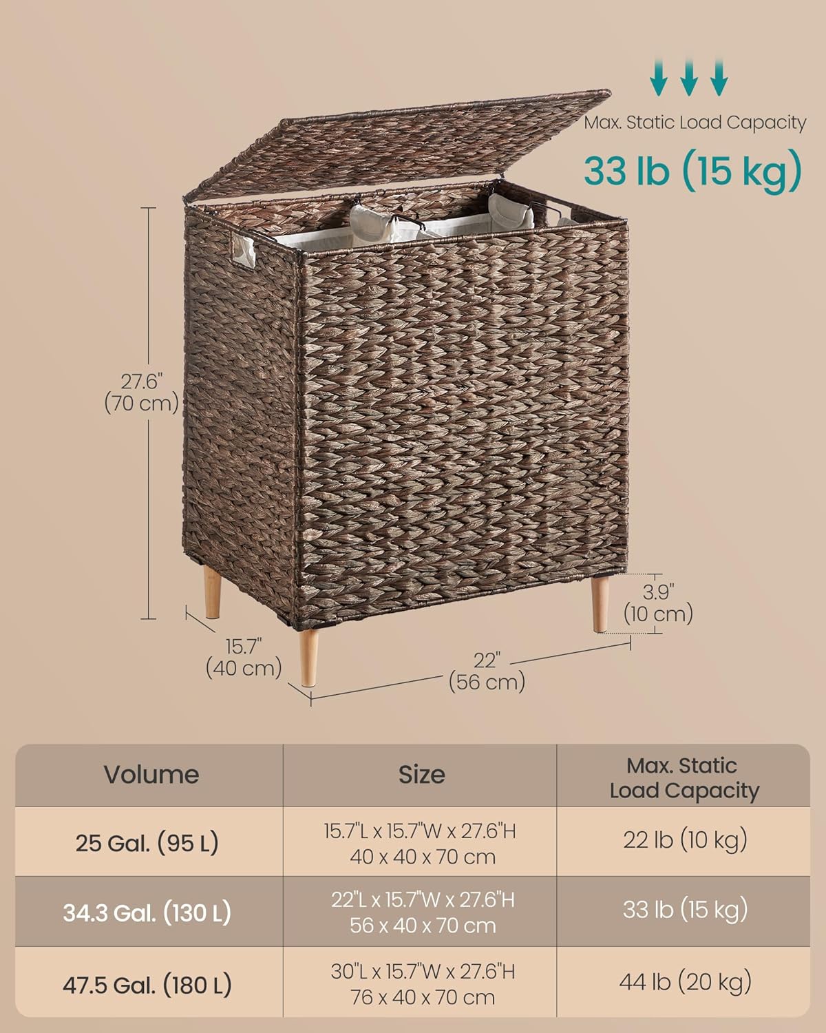 34.3 Gal. Handwoven Water Hyacinth Wicker Laundry Basket / 130 L / Espresso / Natural