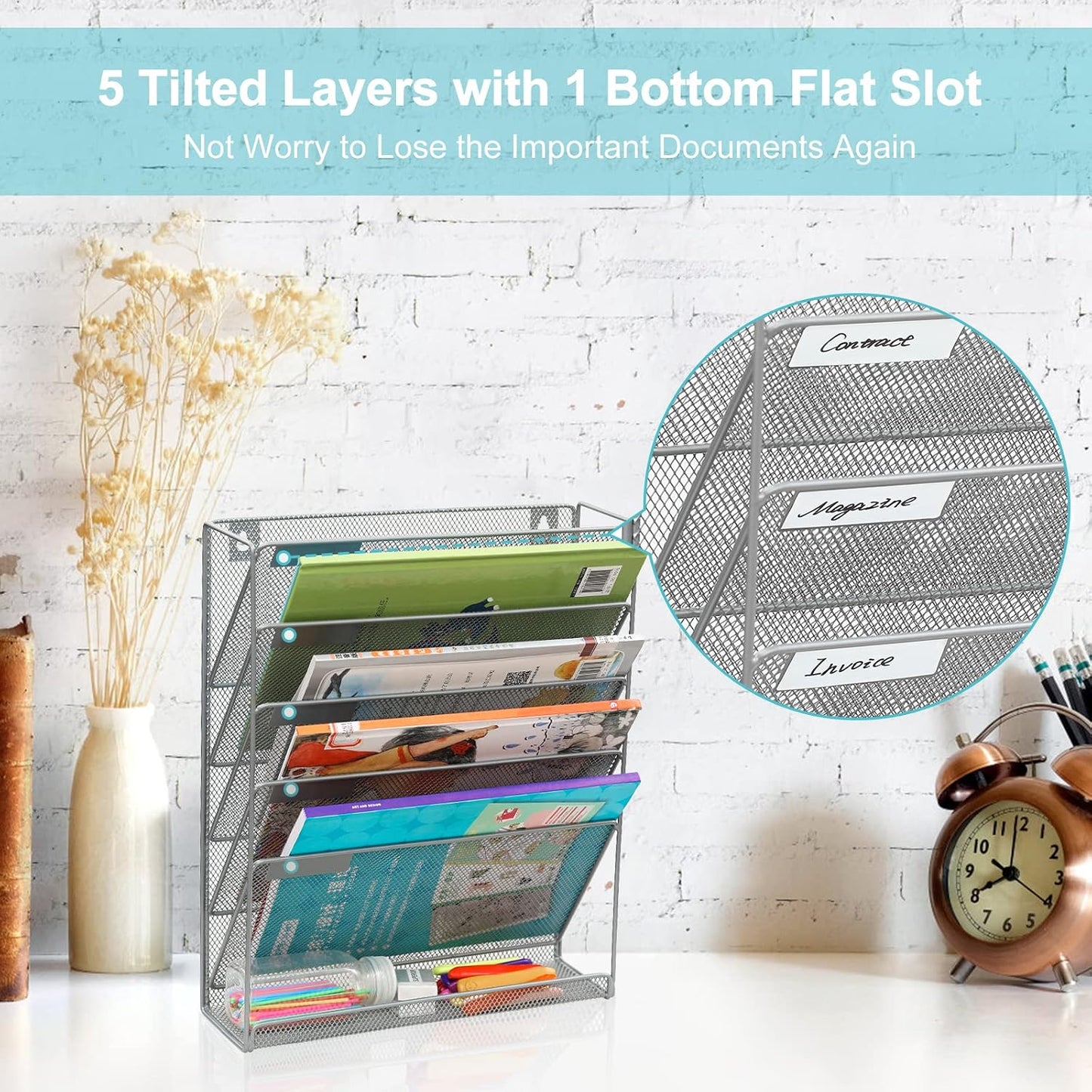 EasyPAG 5 Tier Wall File Holder, Mesh Hanging Folder Organizer with Classify Label, Versatile Desk File Holder