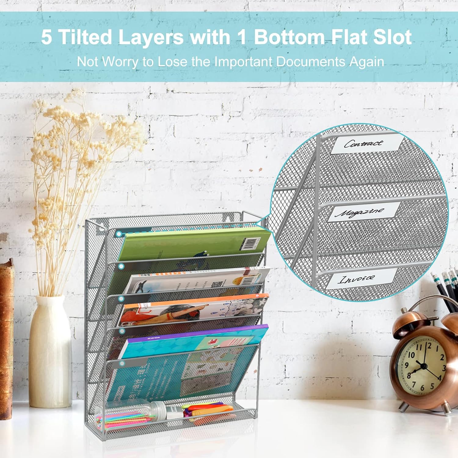 EasyPAG 5 Tier Wall File Holder, Mesh Hanging Folder Organizer with Classify Label, Versatile Desk File Holder