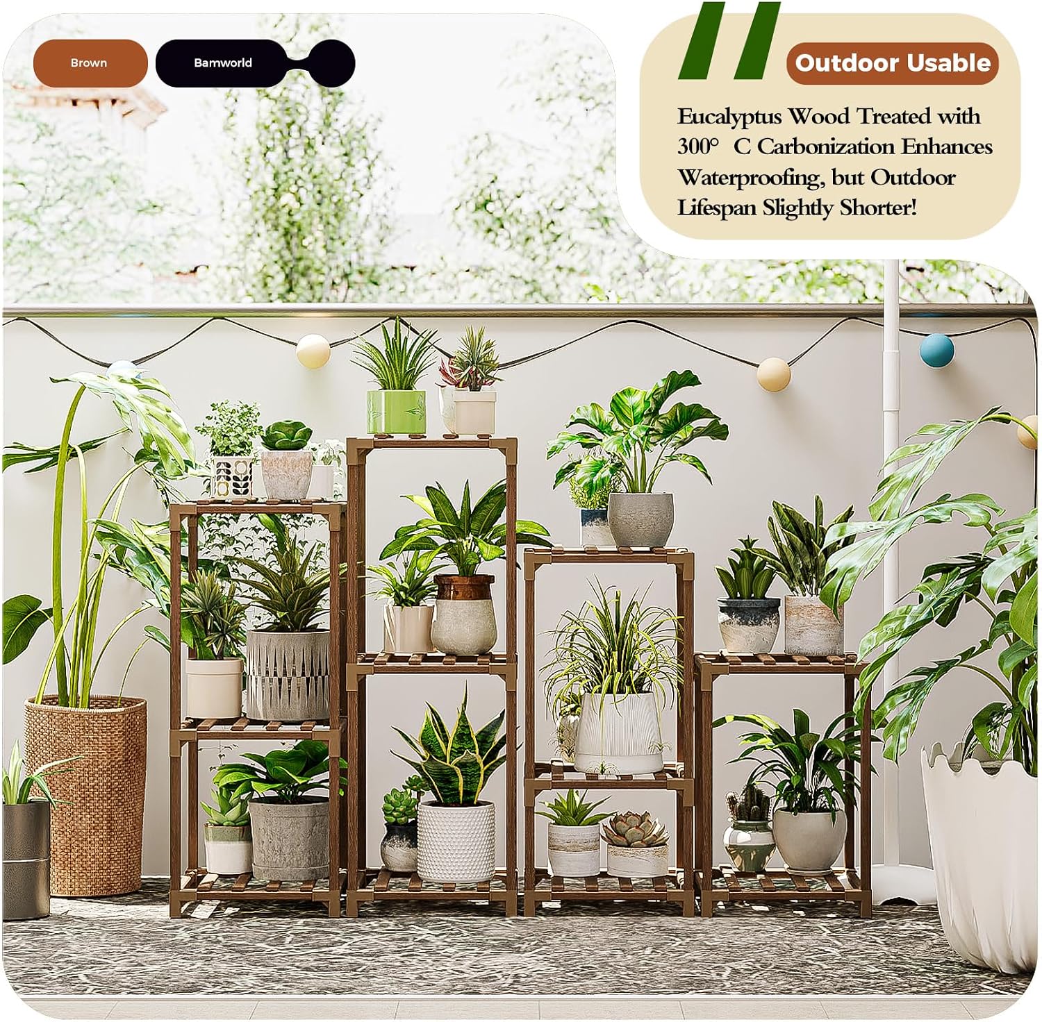 Bamworld Plant Stands Indoor 4 Sets Plant Shelves Outdoor | Wooden Plant Holder for Multiple Plants Flower Stands for